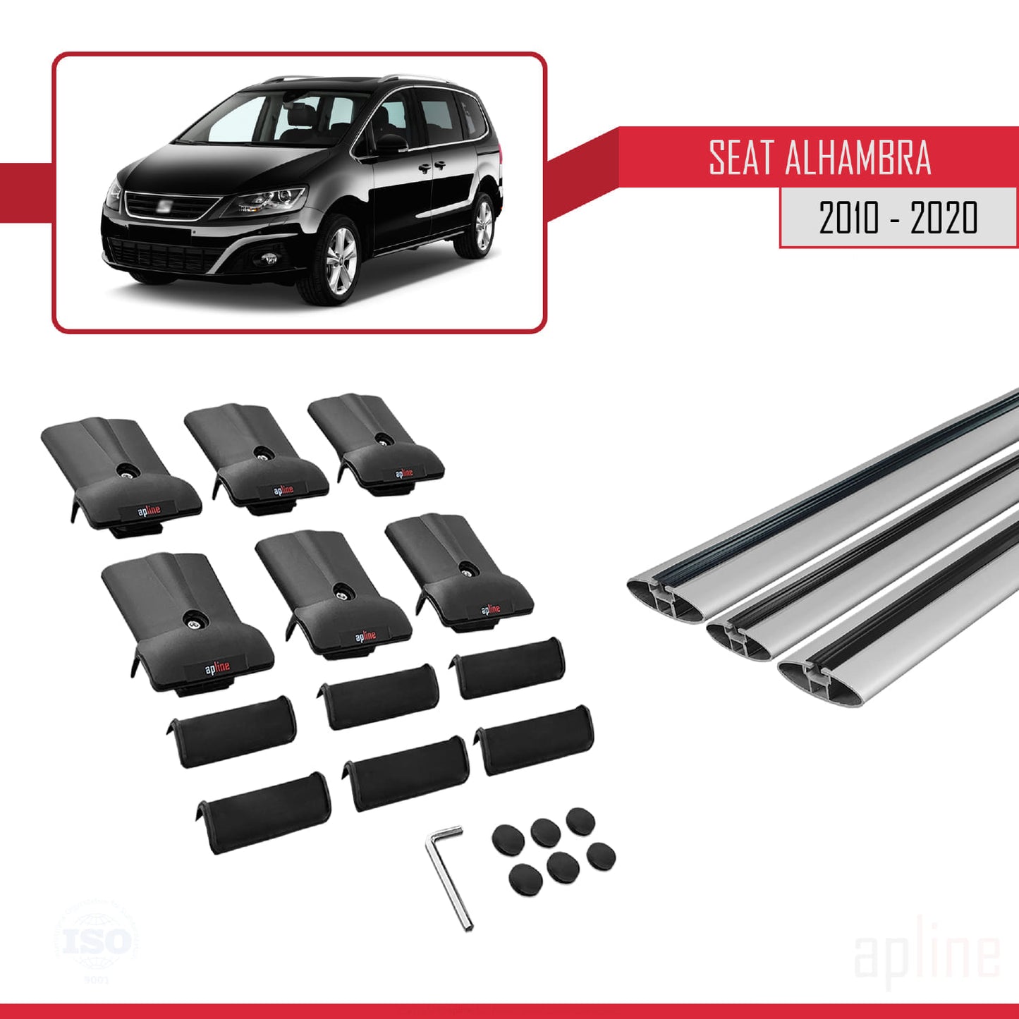 Compatible with Seat Alhambra 2 (7N) 2010-2020 FLY Model Car Roof Rack Cross Bar Grey Aluminium 3 Bars