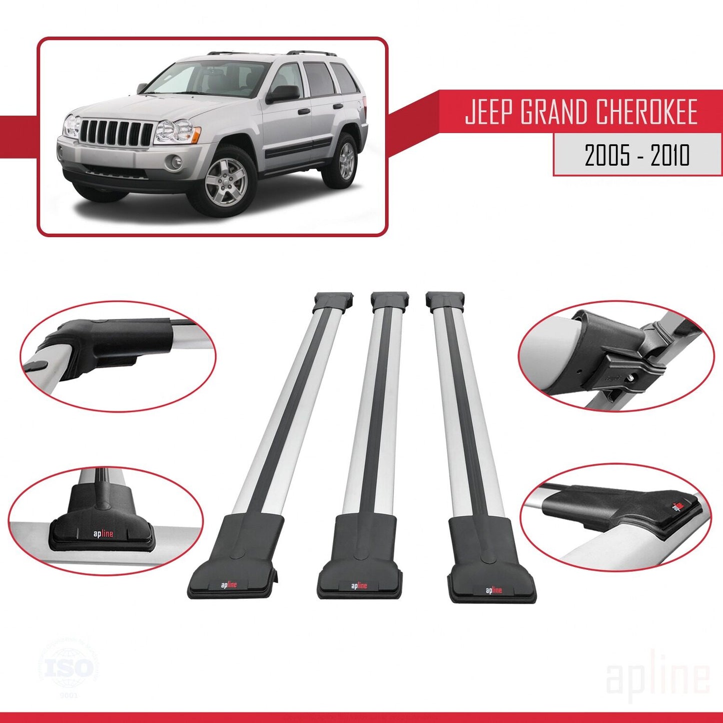 Compatible avec Jeep Grand Cherokee 3 (WK) 2005-2010 FLY Model Barres de Toit Railing Porte-Bagages de Voiture Gris Aluminium 3 Barres
