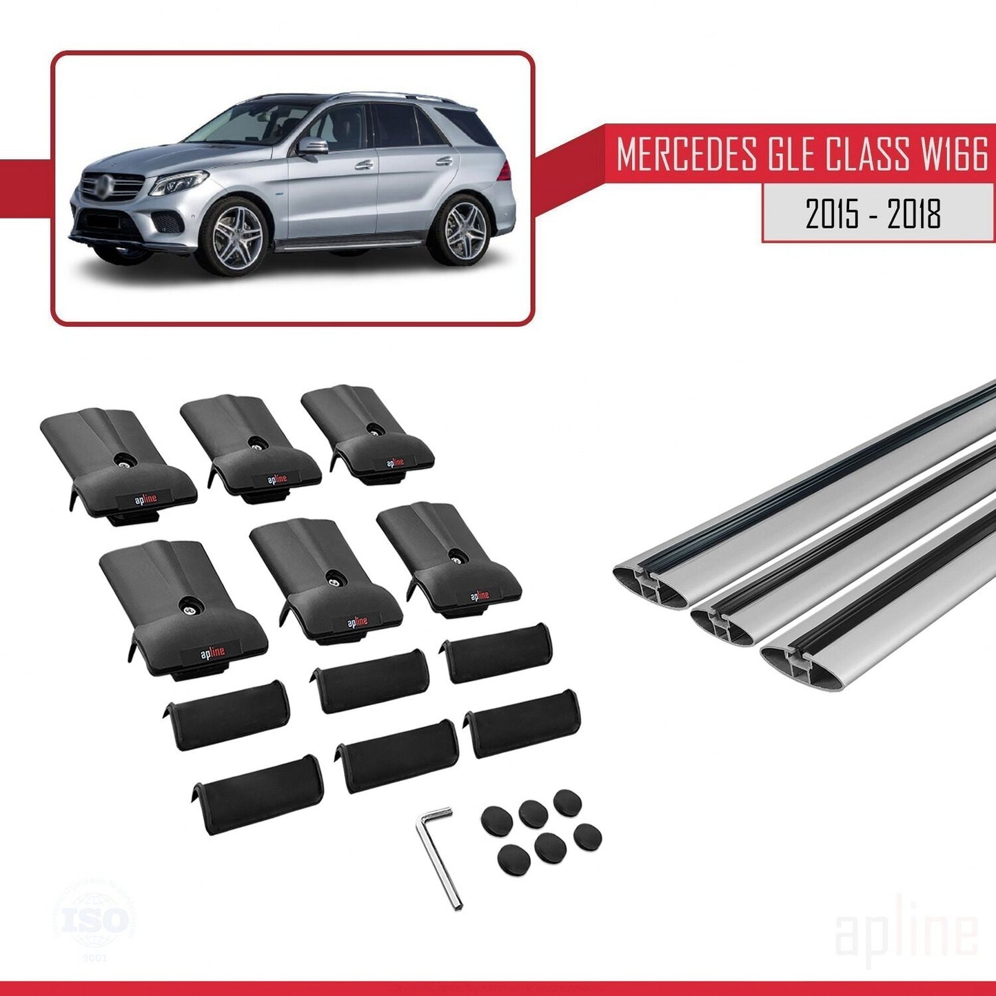 Compatible avec Mercedes Classe GLE 3 (W166) 2015-2018 FLY Model Barres de Toit Railing Porte-Bagages de Voiture Gris Aluminium 3 Barres