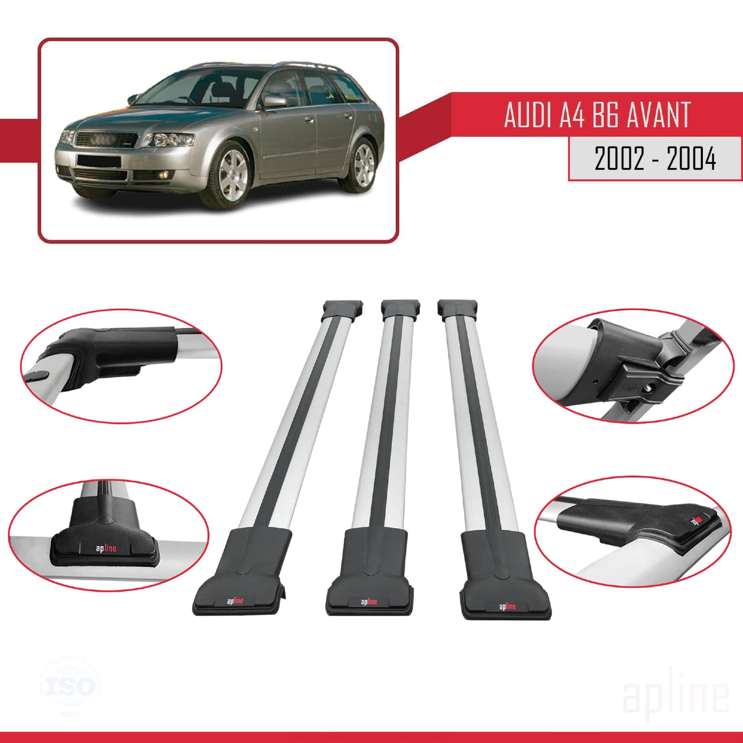 Compatible avec A4 (B6) Avant 2002-2004 FLY Model Barres de Toit Railing Porte-Bagages de Voiture Gris Aluminium 3 Barres