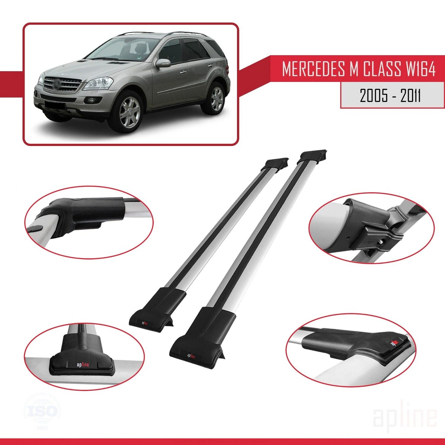 Compatible avec Mercedes Classe M 2 (W164) 2005-2011 FLY Model Barres de Toit Railing Porte-Bagages de Voiture Gris Aluminium 2 Barres