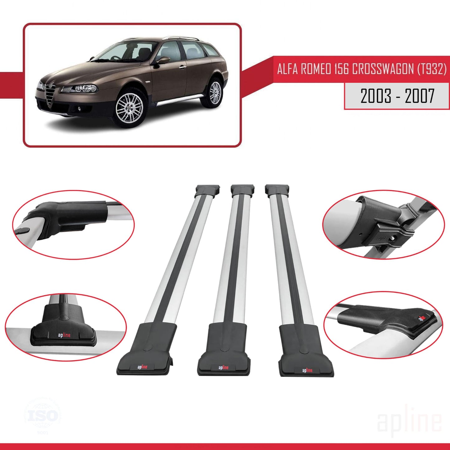 Compatible avec Alfa Romeo 156 (T932) Crosswagon 2003-2007 FLY Model Barres de Toit Railing Porte-Bagages de Voiture Gris Aluminium 3 Barres