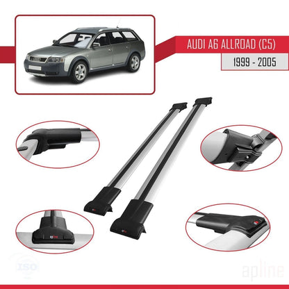 Compatible avec A6 (C5) Allroad 1999-2005 FLY Model Barres de Toit Railing Porte-Bagages de Voiture Gris Aluminium 2 Barres