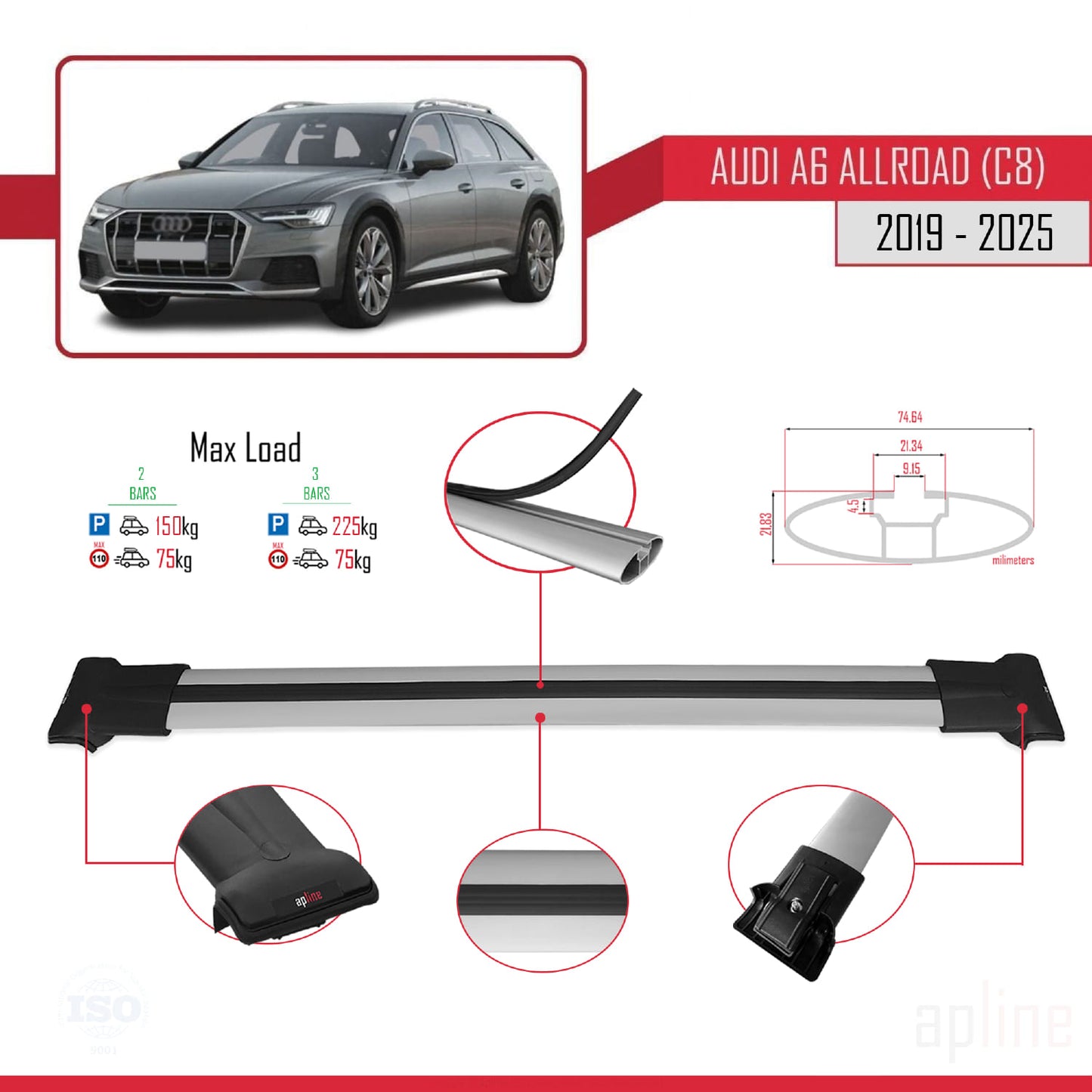 Compatible avec A6 (C8) Allroad 2019-2025 FLY Model Barres de Toit Railing Porte-Bagages de Voiture Gris Aluminium 2 Barres