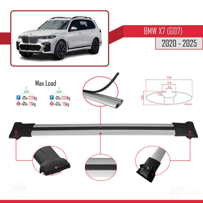 Compatible avec BMW X7 (G07) 2020-2025 FLY Model Barres de Toit Railing Porte-Bagages de Voiture Gris Aluminium 3 Barres