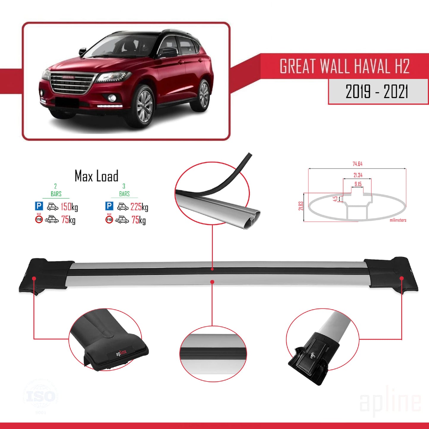 Compatible avec Great Wall Haval H2 2019-2021 FLY Model Barres de Toit Railing Porte-Bagages de Voiture Gris Aluminium 2 Barres
