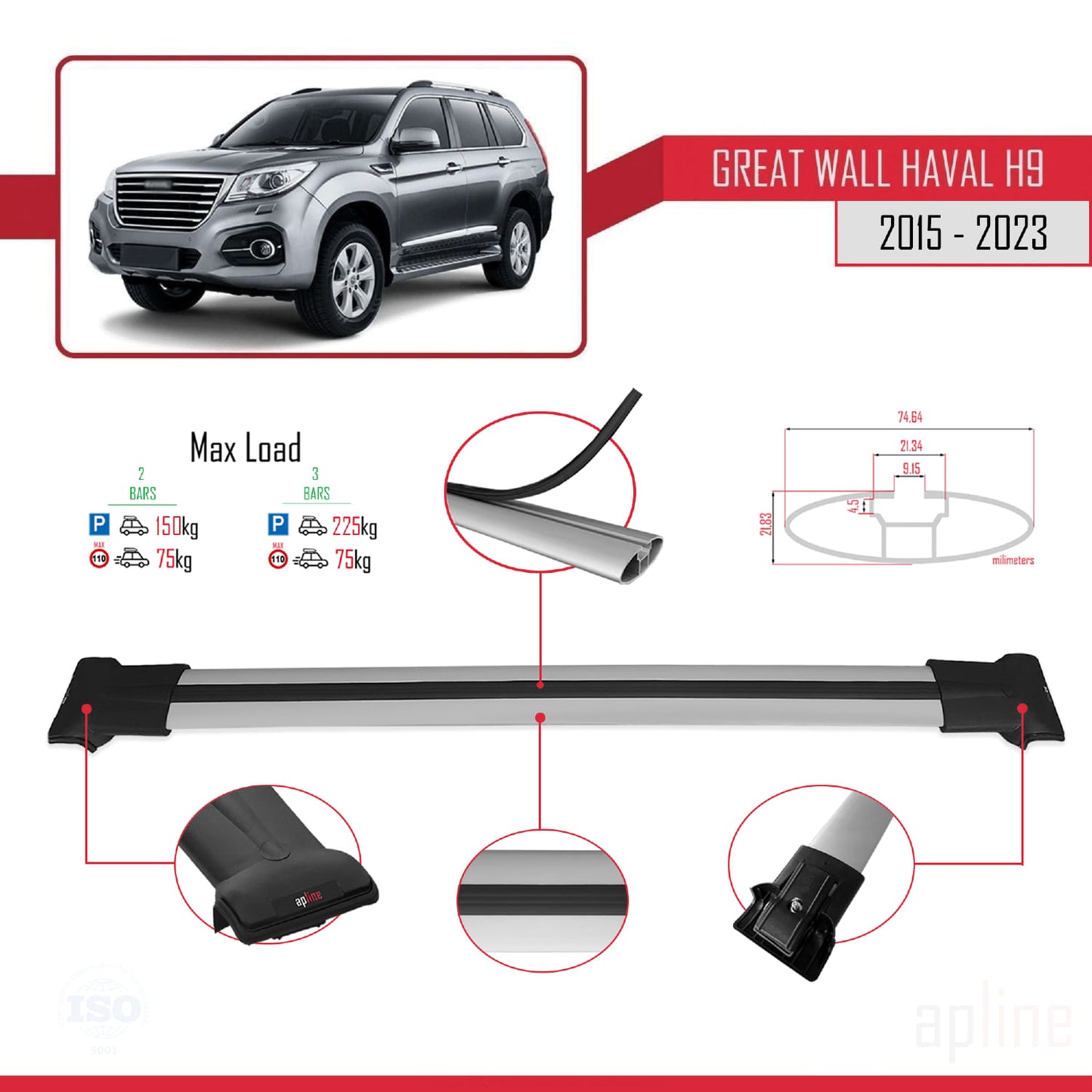 Compatible avec Great Wall Haval H9 2015-2023 FLY Model Barres de Toit Railing Porte-Bagages de Voiture Gris Aluminium 2 Barres
