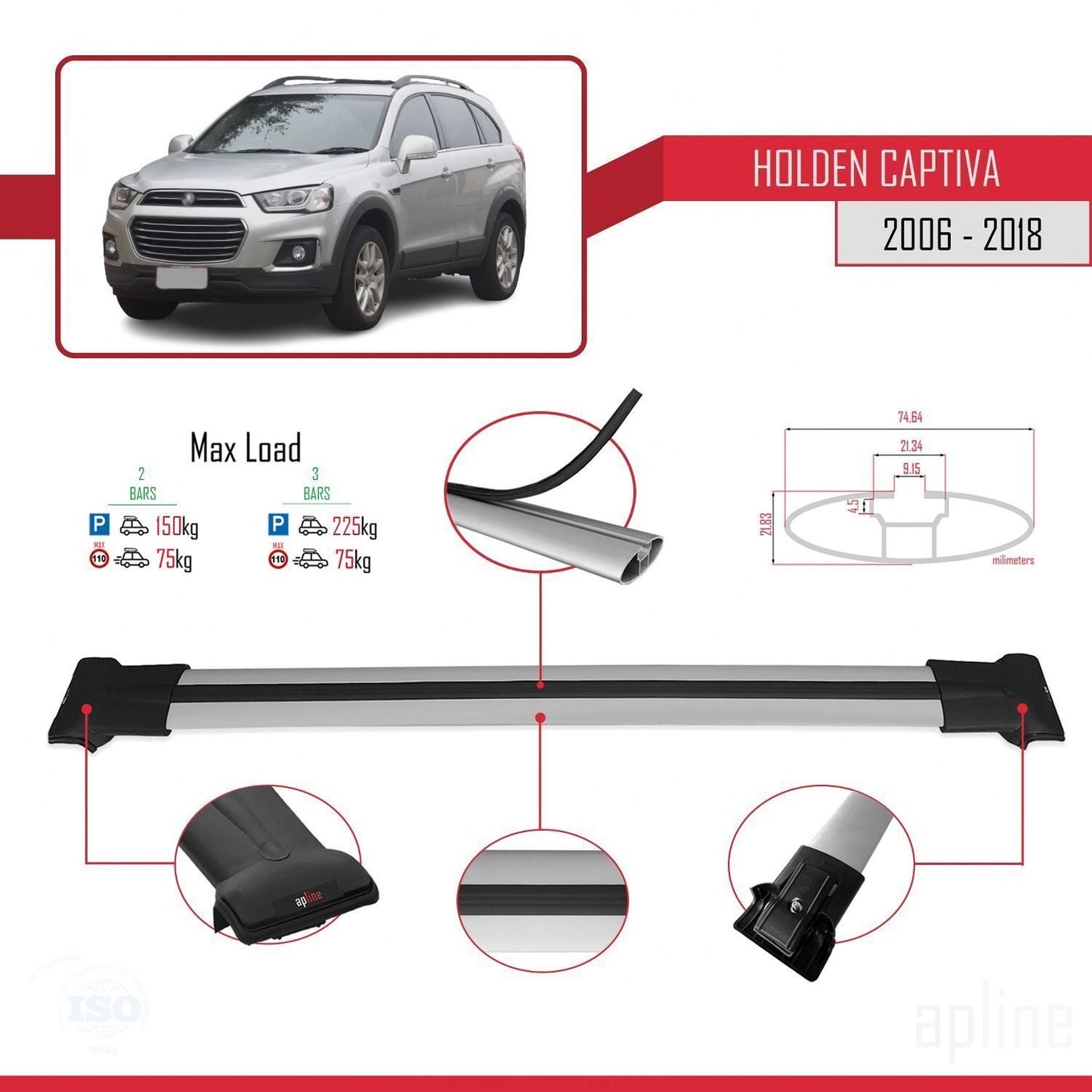 Compatible avec Holden Captiva 2006-2018 FLY Model Barres de Toit Railing Porte-Bagages de Voiture Gris Aluminium 2 Barres