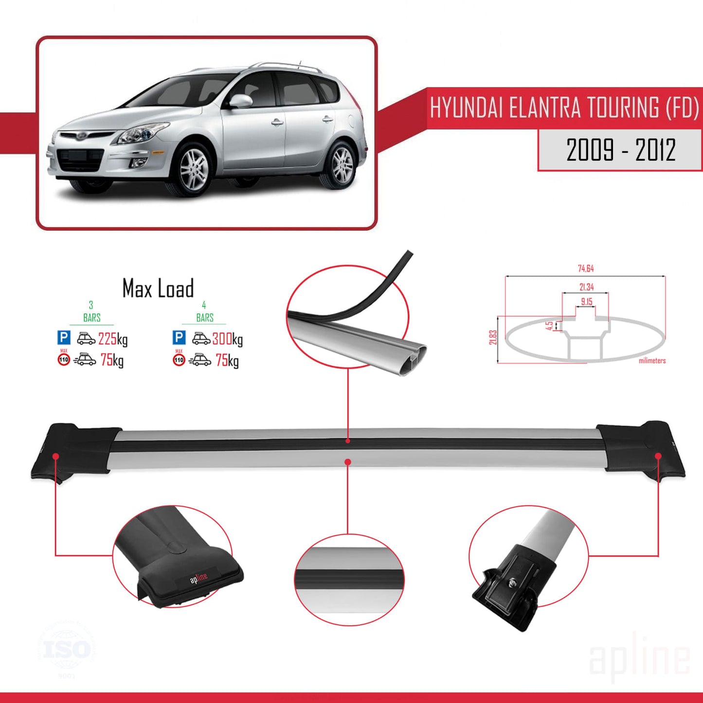 Compatible avec Hyundai Elantra Touring (FD) 2009-2012 FLY Model Barres de Toit Railing Porte-Bagages de Voiture Gris Aluminium 3 Barres