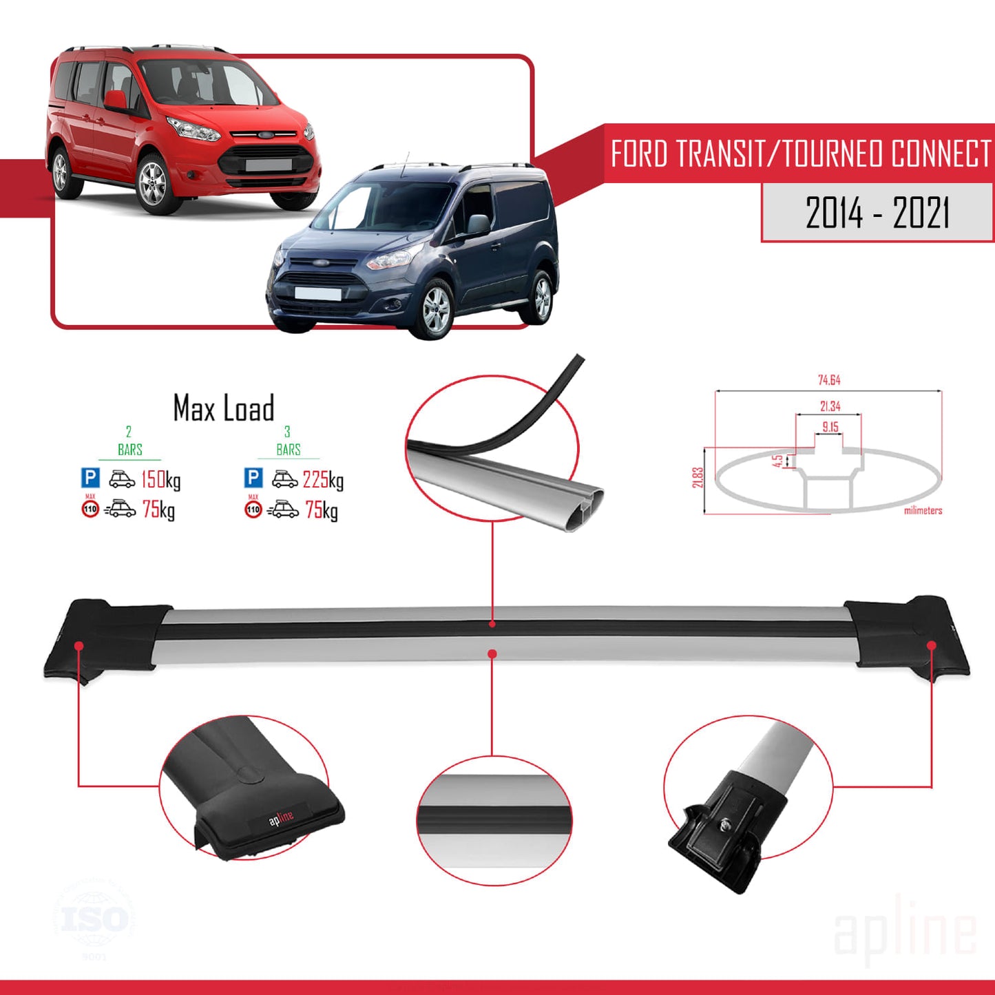 Compatible avec Ford Transit/Tourneo Connect 2 2014-2021 FLY Model Barres de Toit Railing Porte-Bagages de Voiture Gris Aluminium 2 Barres
