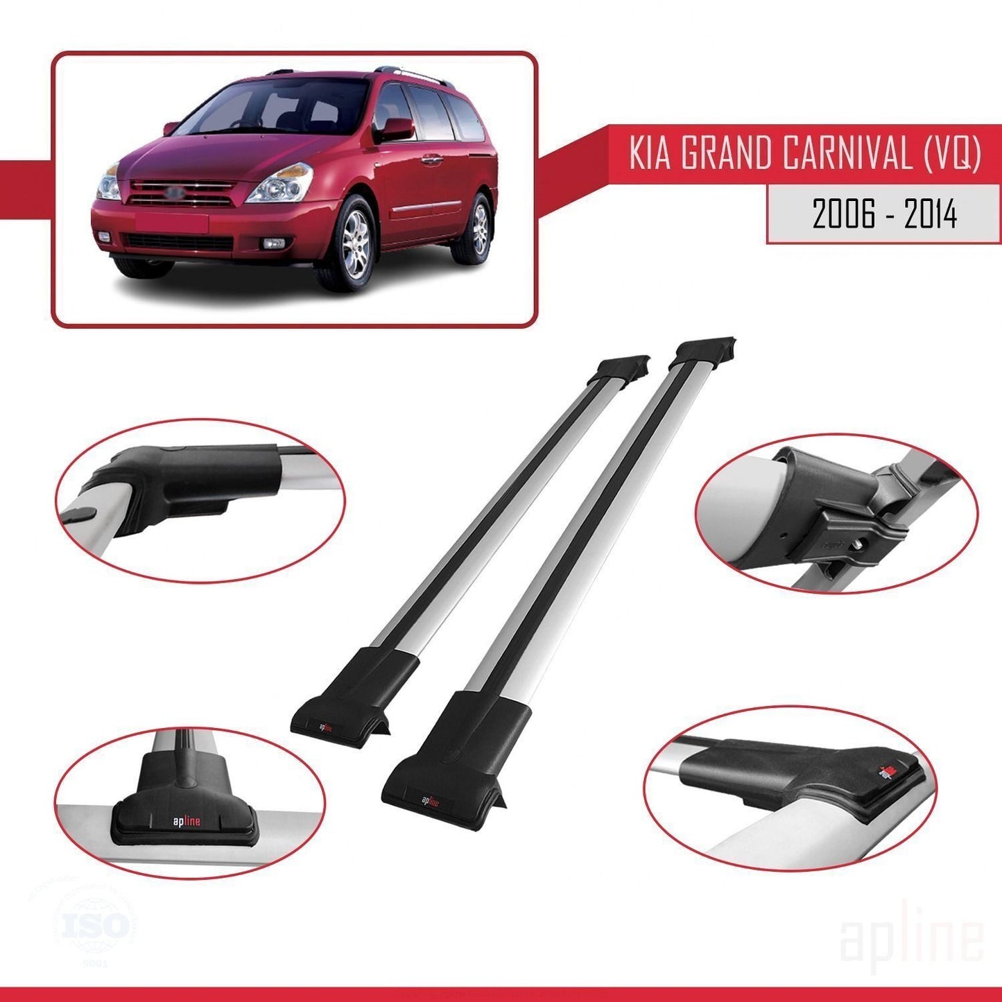 Compatible avec Kia Grand Carnival 2 (VQ) 2006-2014 FLY Model Barres de Toit Railing Porte-Bagages de Voiture Gris Aluminium 2 Barres