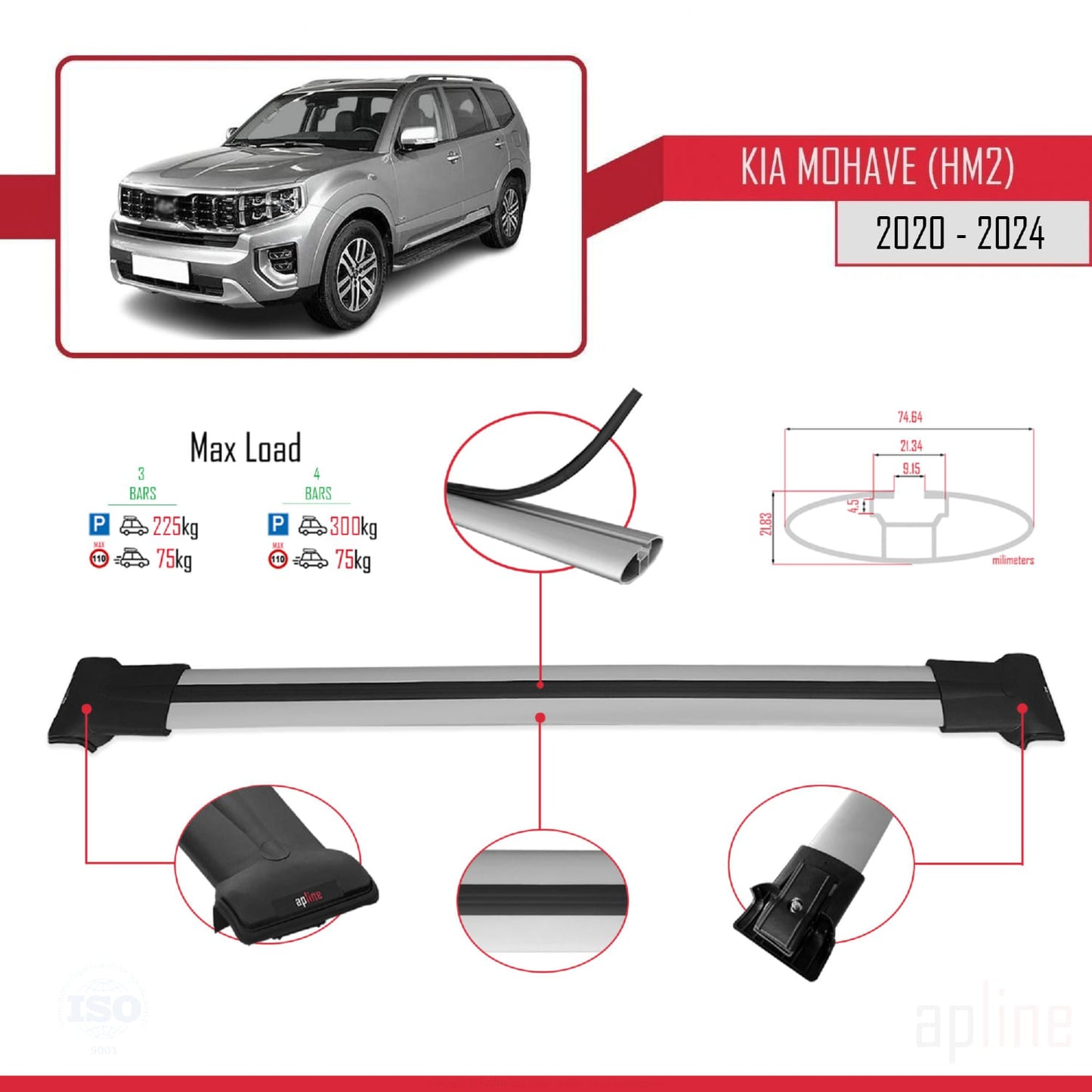 Compatible avec Kia Mohave 2 (HM2) 2020-2024 FLY Model Barres de Toit Railing Porte-Bagages de Voiture Gris Aluminium 3 Barres