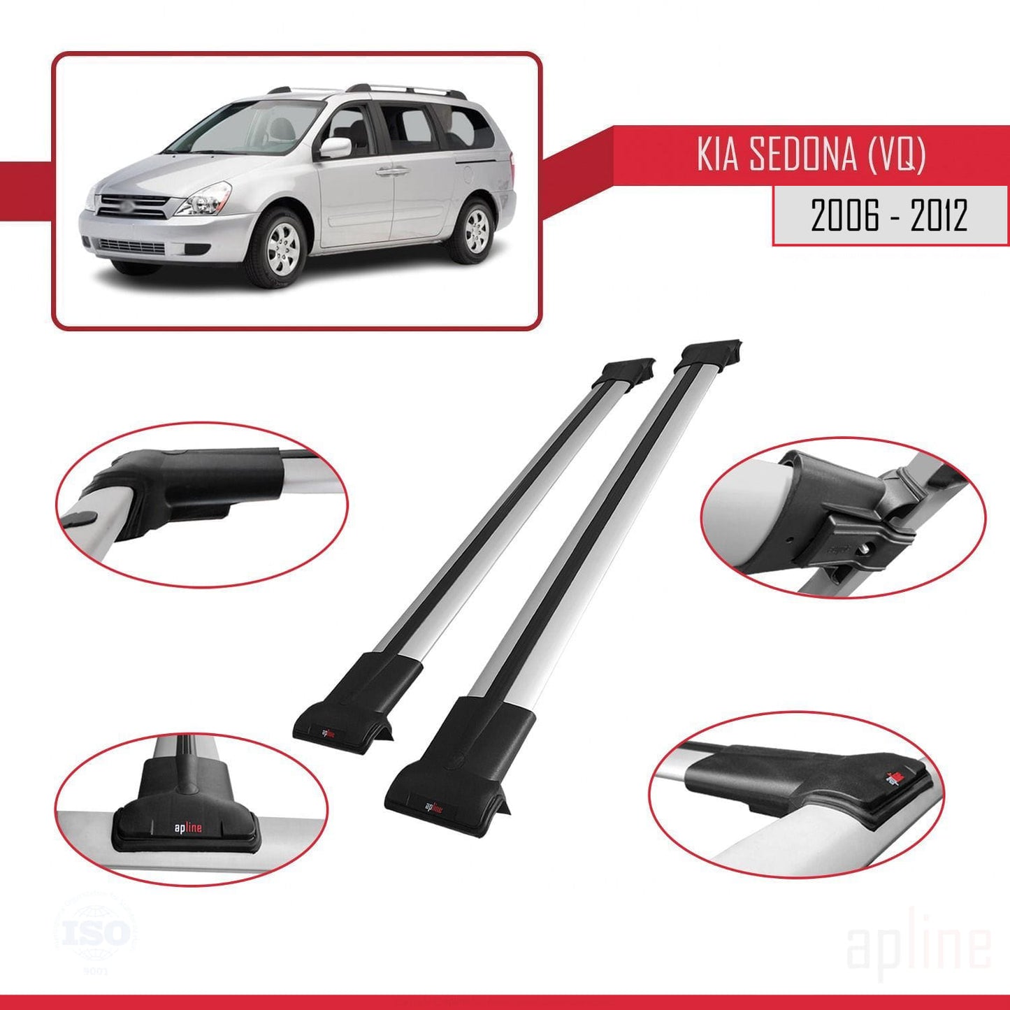 Compatible avec Kia Sedona 2 (VQ) 2006-2012 FLY Model Barres de Toit Railing Porte-Bagages de Voiture Gris Aluminium 2 Barres