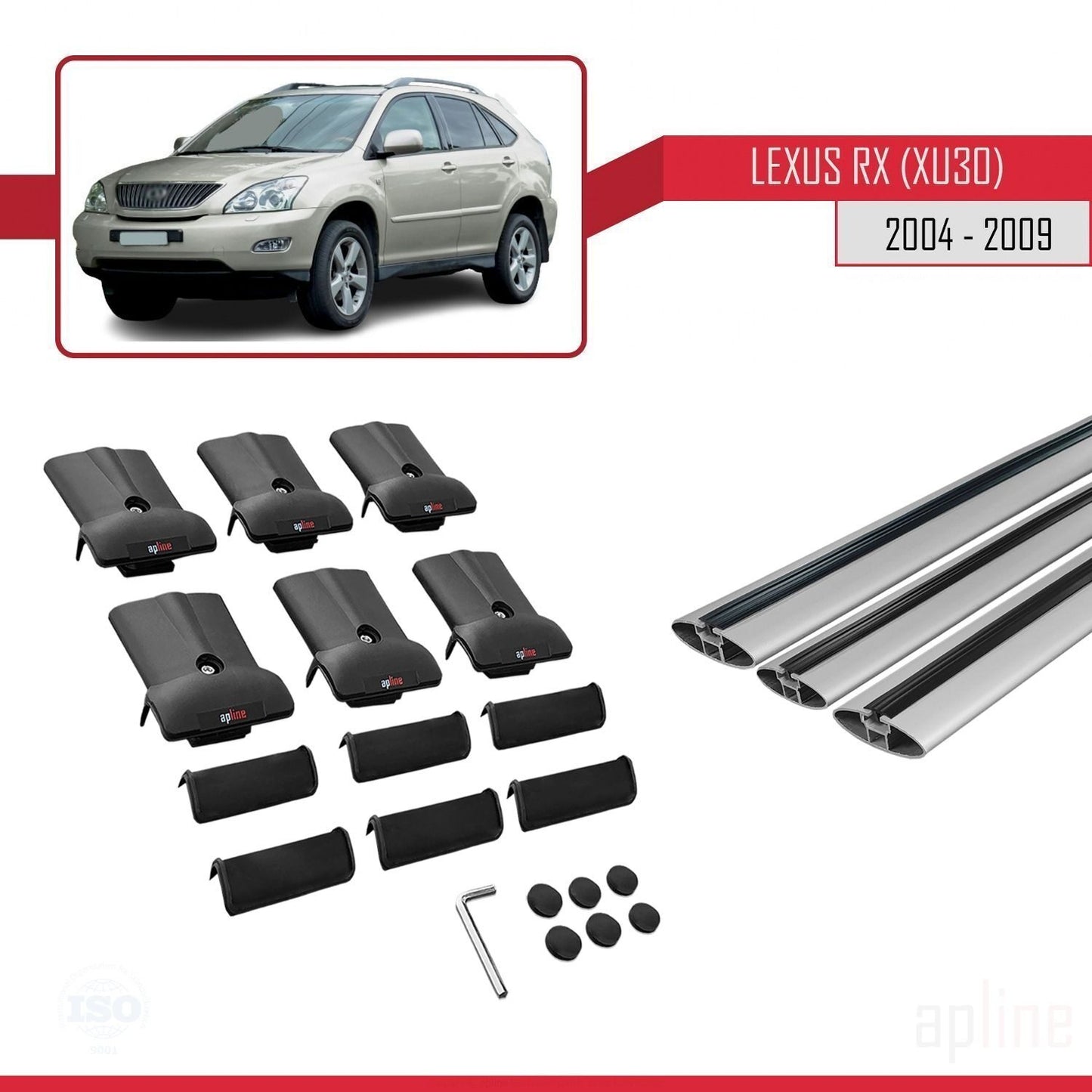 Compatible with Lexus RX 2 (XU30) 2004-2009 FLY Model Car Roof Rack Cross Bar Grey Aluminium 3 Bars