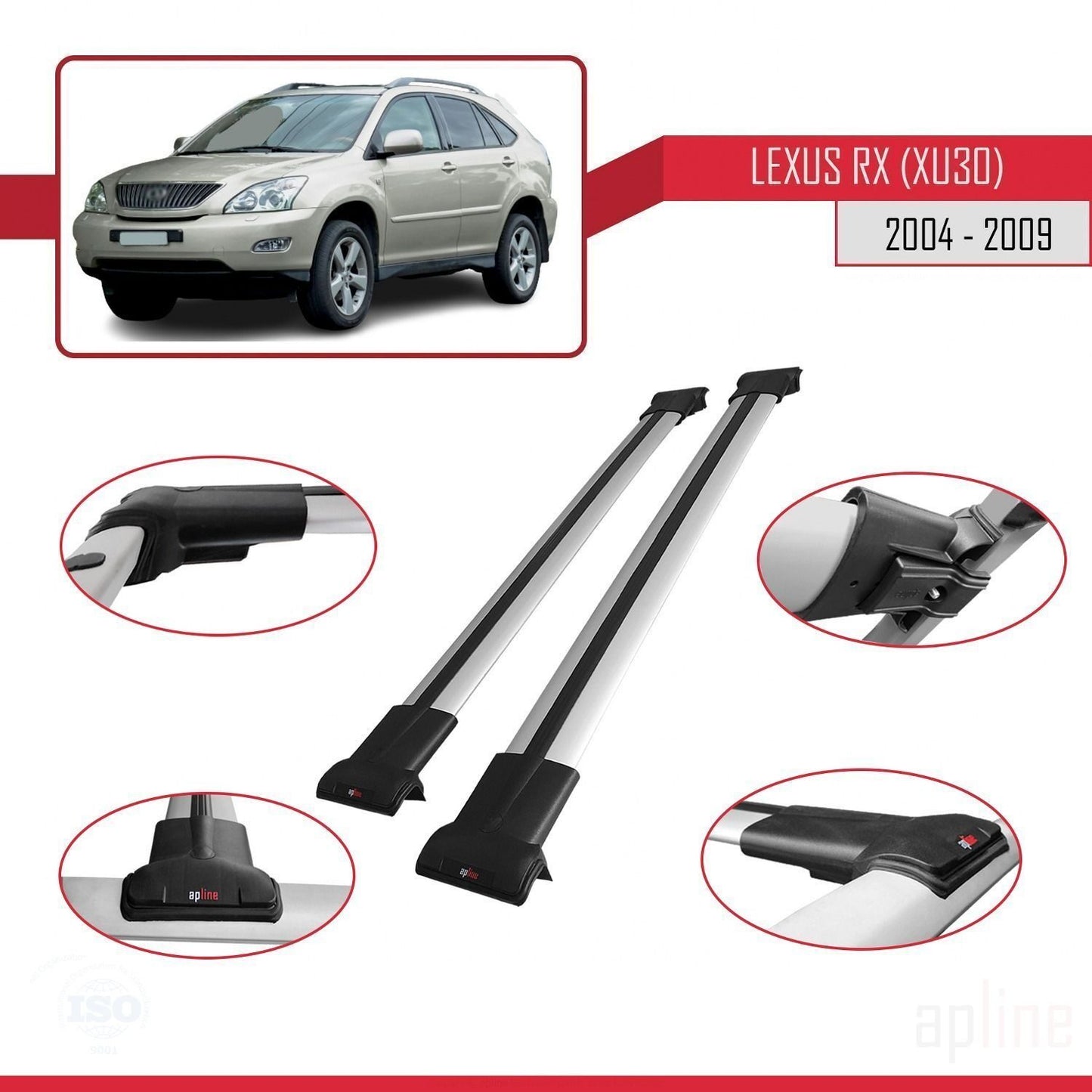Compatible avec Lexus RX 2 (XU30) 2004-2009 FLY Model Barres de Toit Railing Porte-Bagages de Voiture Gris Aluminium 2 Barres