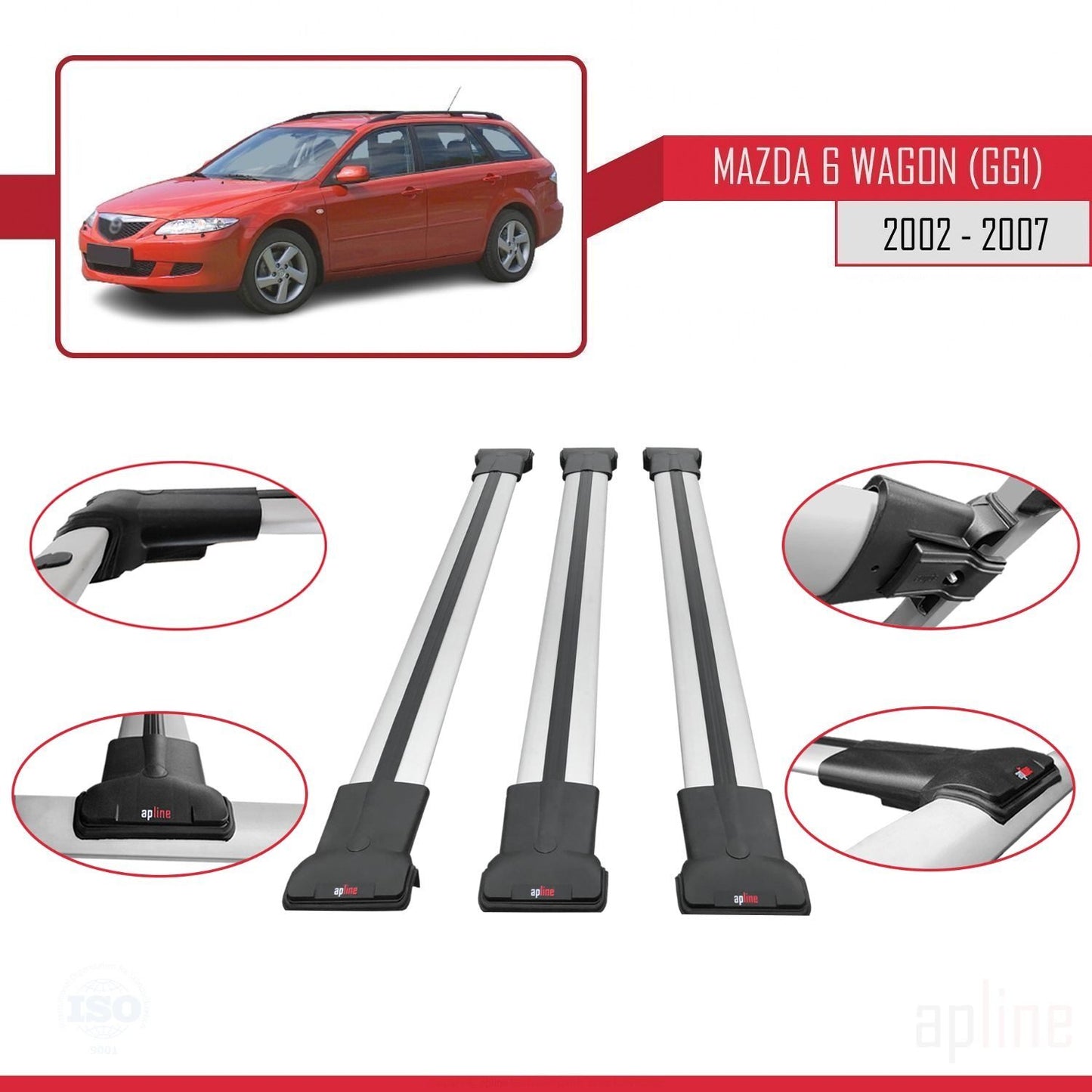 Compatible avec Mazda 6 I (GG1) 2002-2007 FLY Model Barres de Toit Railing Porte-Bagages de Voiture Gris Aluminium 3 Barres