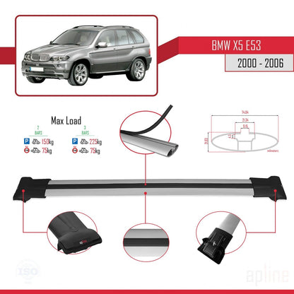 Compatible avec BMW X5 (E53) 2000-2006 FLY Model Barres de Toit Railing Porte-Bagages de Voiture Gris Aluminium 2 Barres