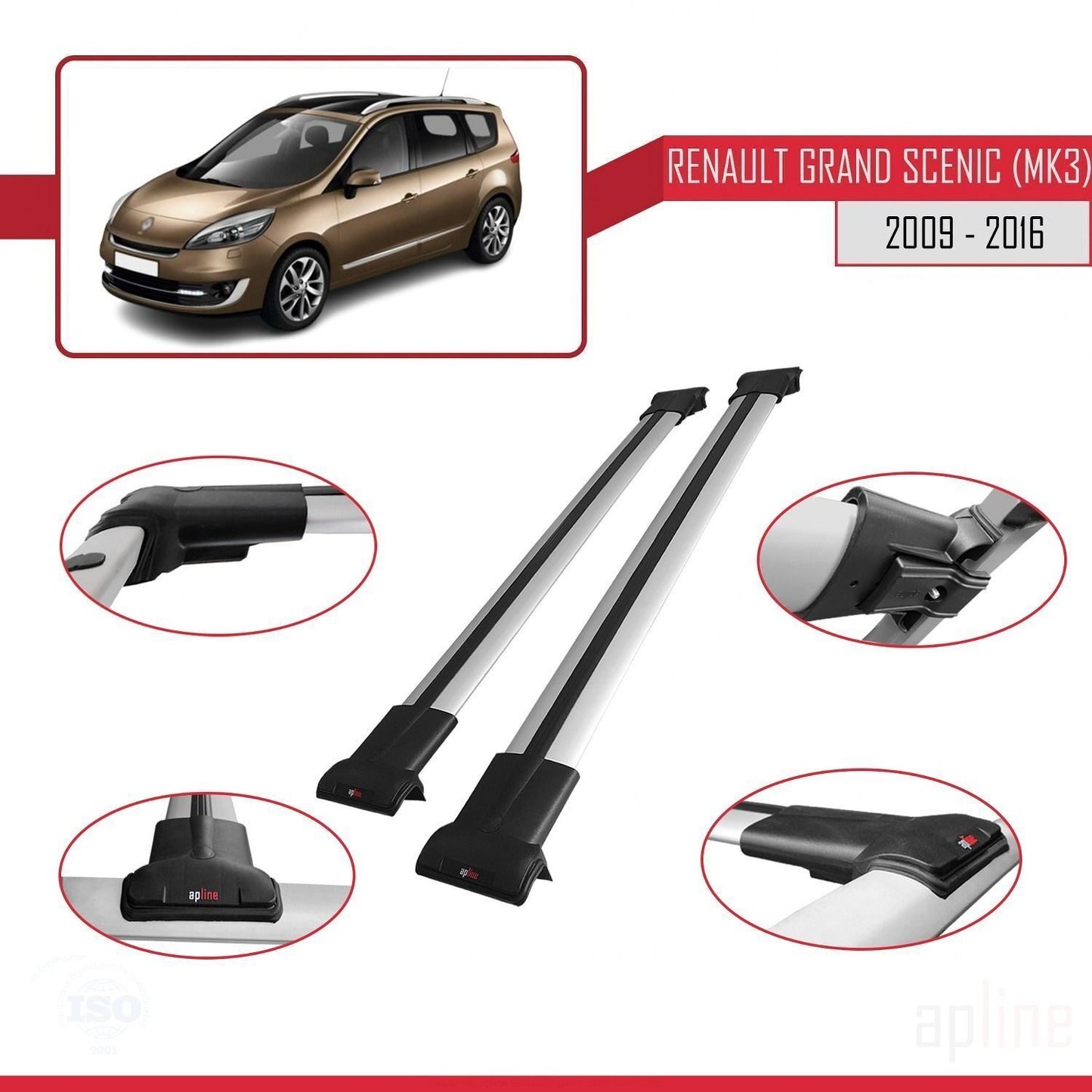 Compatible avec Renault Grand Scenic 3 2009-2016 FLY Model Barres de Toit Railing Porte-Bagages de Voiture Gris Aluminium 2 Barres