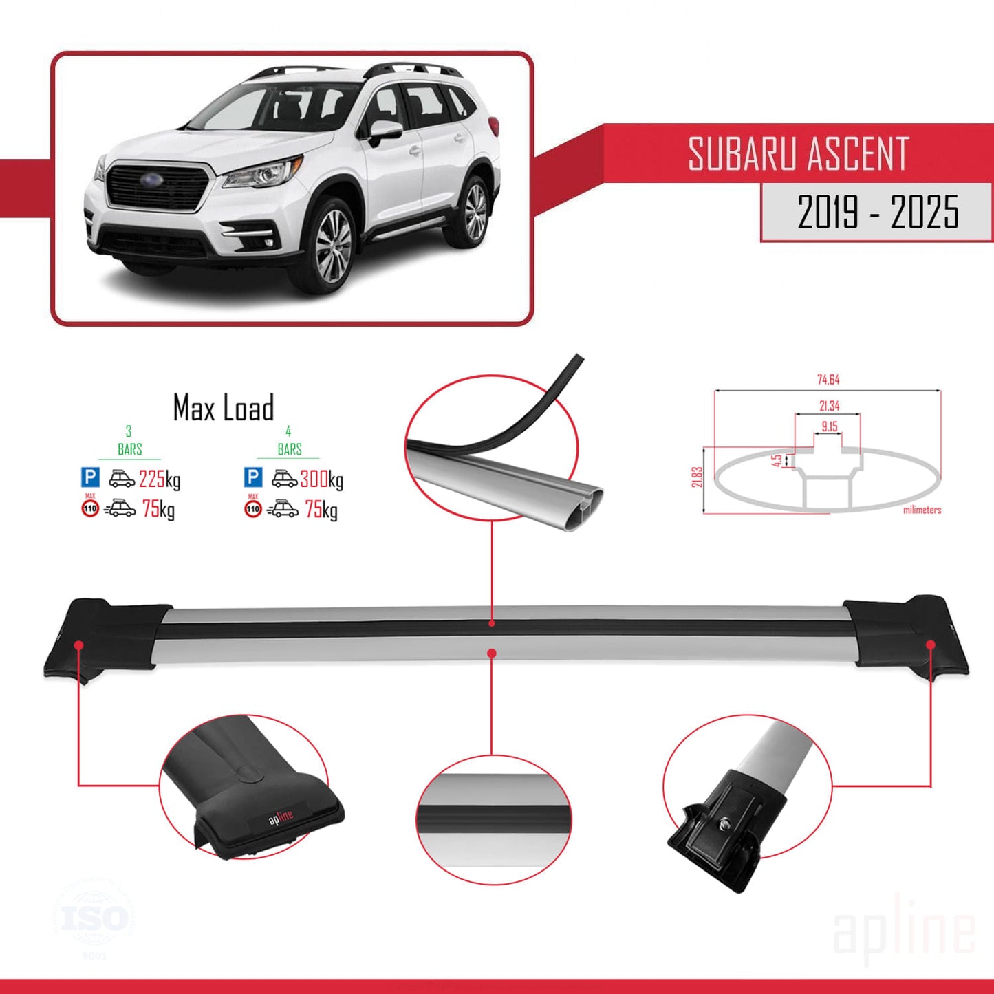 Compatible with Subaru Ascent 2019-2025 FLY Model Car Roof Rack Cross Bar Grey Aluminium 3 Bars