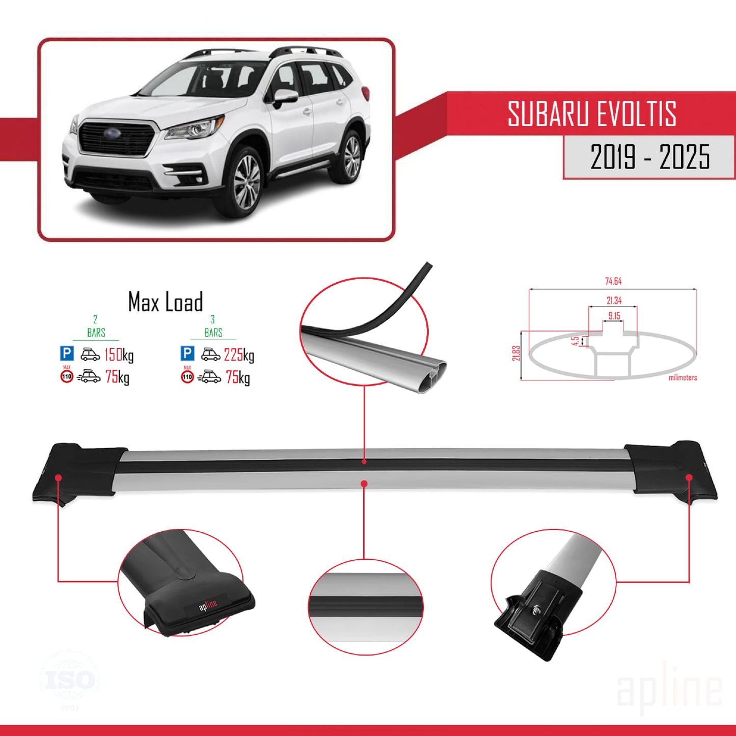 Compatible avec Subaru Evoltis 2019-2025 FLY Model Barres de Toit Railing Porte-Bagages de Voiture Gris Aluminium 2 Barres