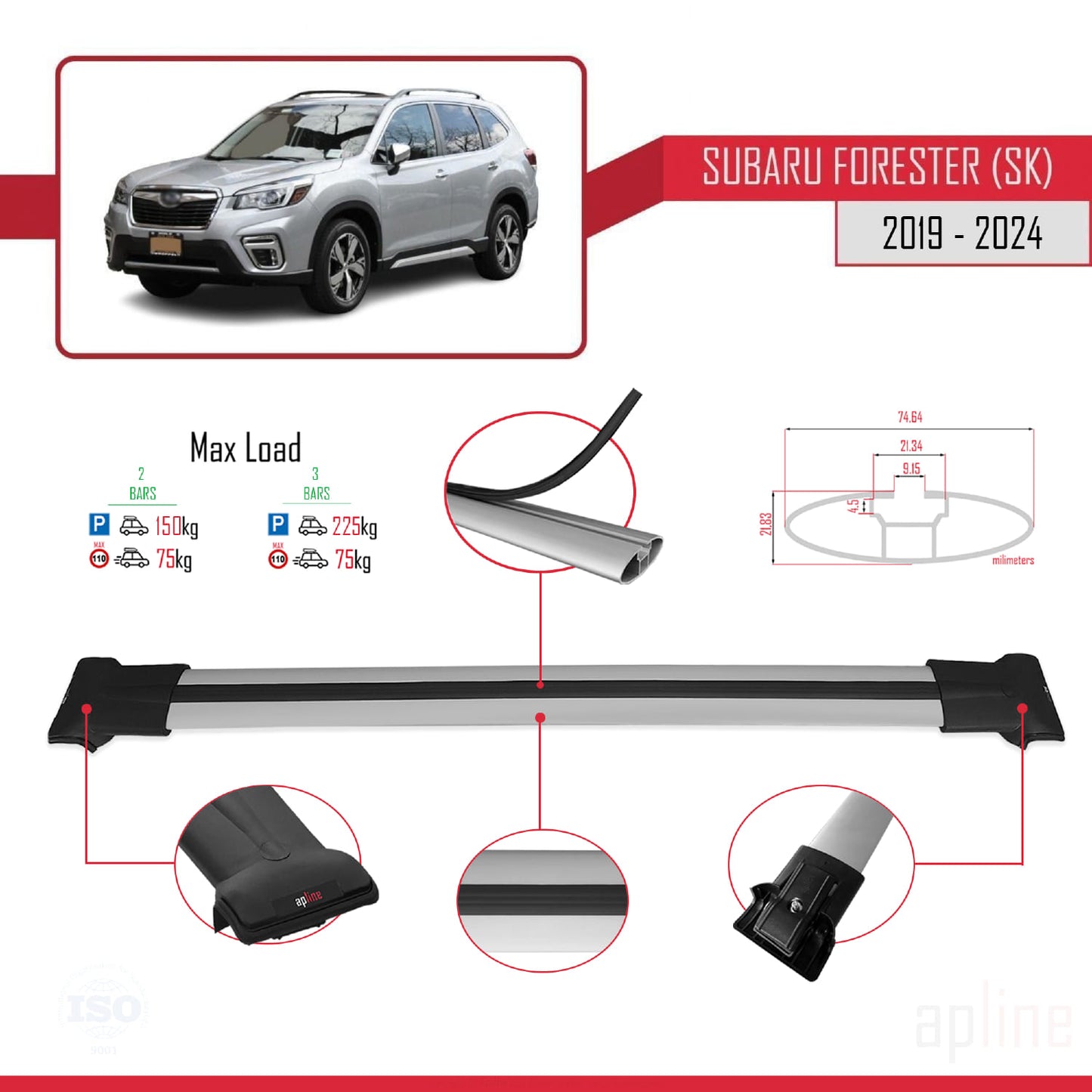 Compatible avec Subaru Forester 5 (SK) 2019-2024 FLY Model Barres de Toit Railing Porte-Bagages de Voiture Gris Aluminium 2 Barres