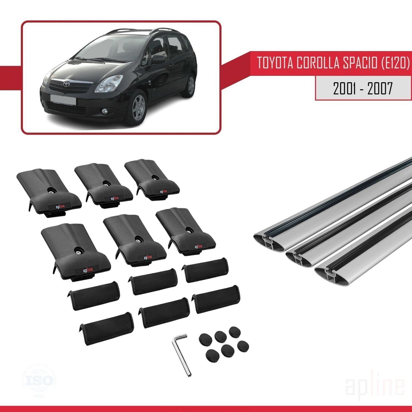 Compatible avec Toyota Corolla Spacio 2 (E120) 2001-2007 FLY Model Barres de Toit Railing Porte-Bagages de Voiture Gris Aluminium 3 Barres