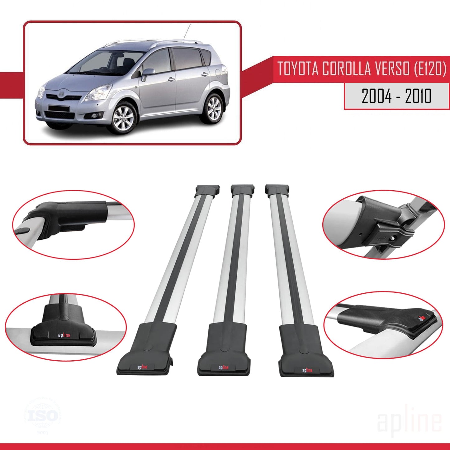 Compatible avec Toyota Corolla Verso 2 (AR10) 2004-2010 FLY Model Barres de Toit Railing Porte-Bagages de Voiture Gris Aluminium 3 Barres