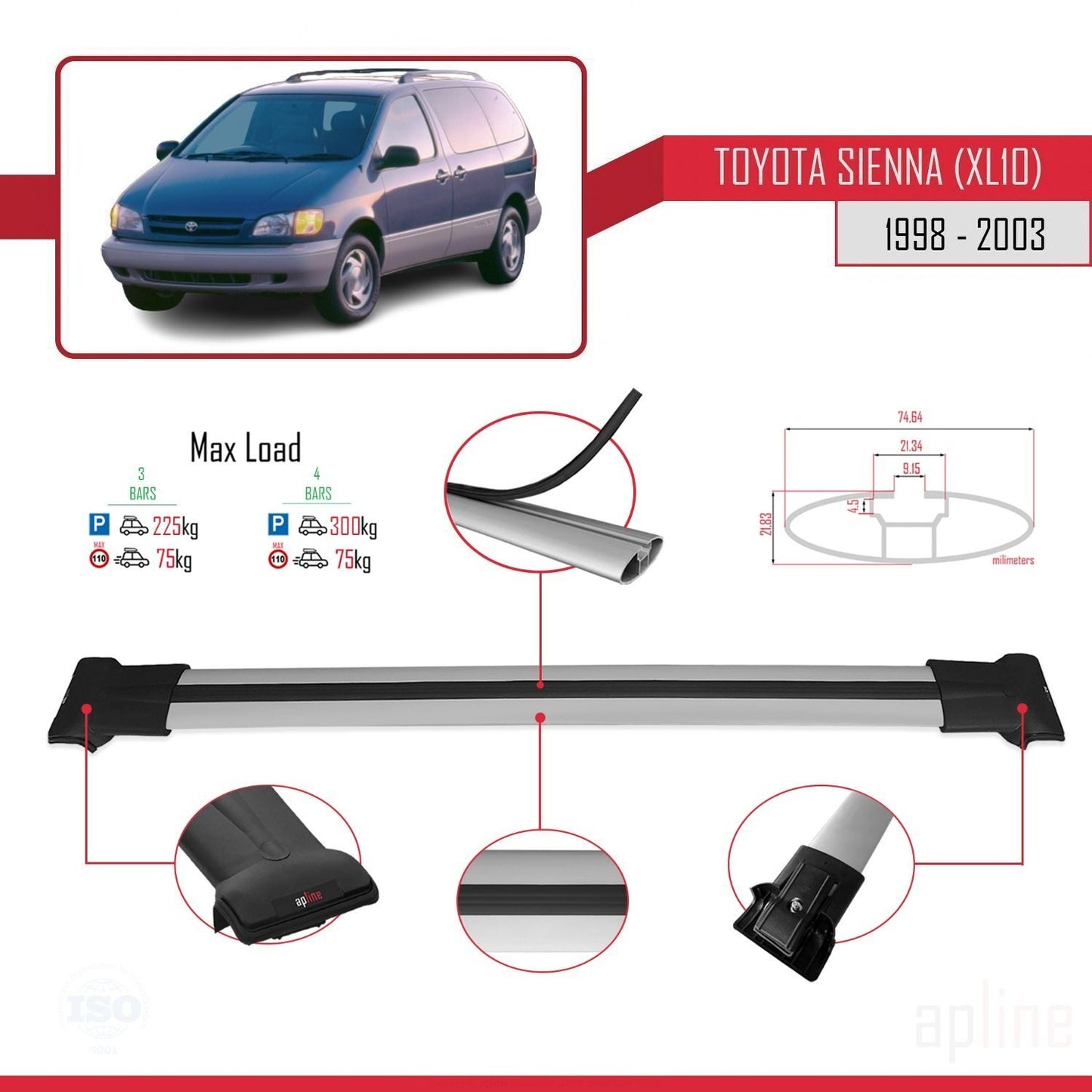 Compatible avec Toyota Sienna (XL10) 1998-2003 FLY Model Barres de Toit Railing Porte-Bagages de Voiture Gris Aluminium 3 Barres