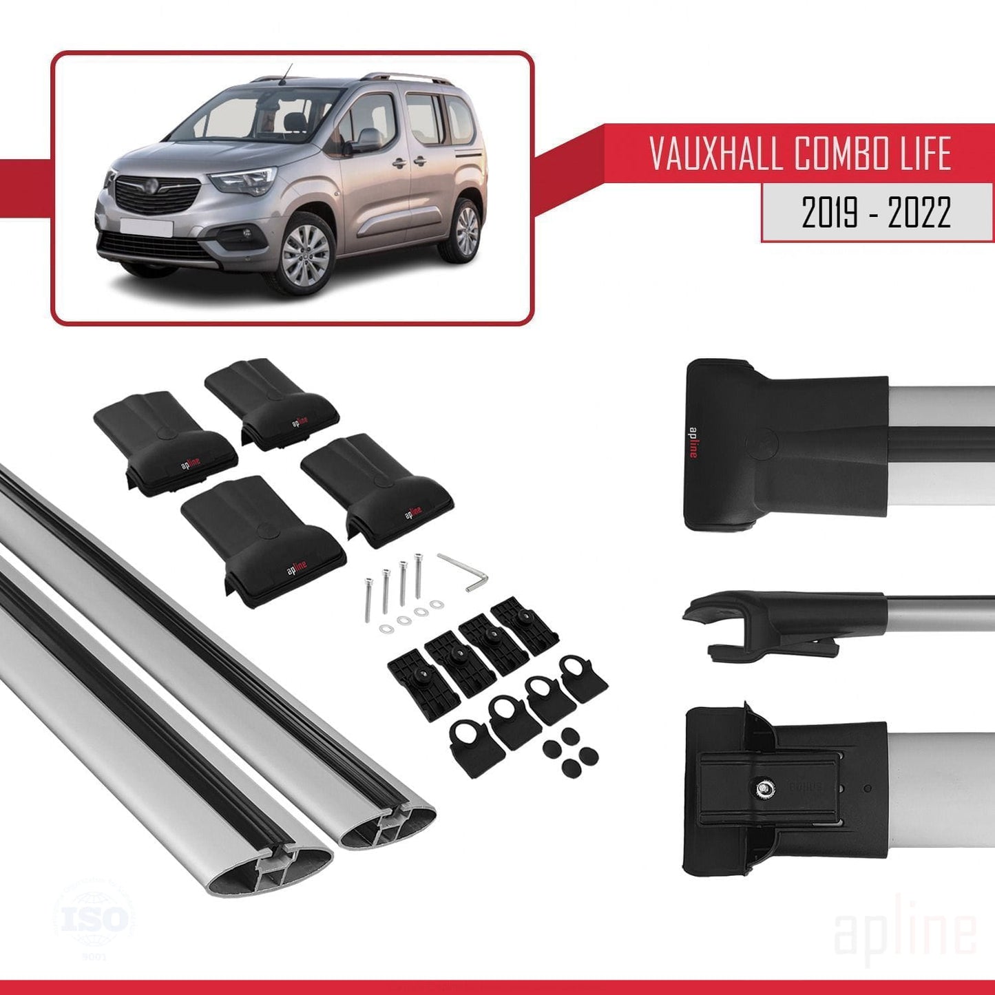 Compatible avec Vauxhall Combo E Life 2019-2022 FLY Model Barres de Toit Railing Porte-Bagages de Voiture Gris Aluminium 2 Barres