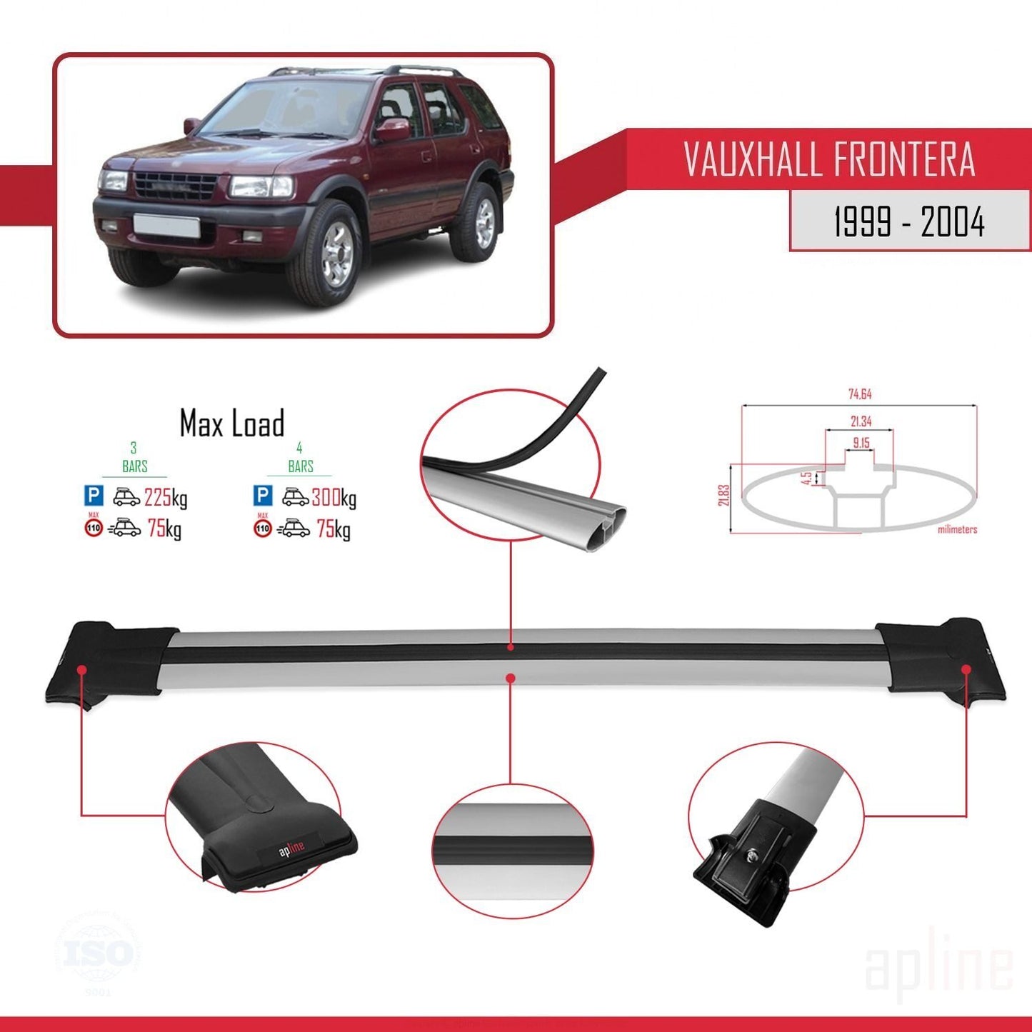Compatible avec Vauxhall Frontera 2 1999-2004 FLY Model Barres de Toit Railing Porte-Bagages de Voiture Gris Aluminium 3 Barres