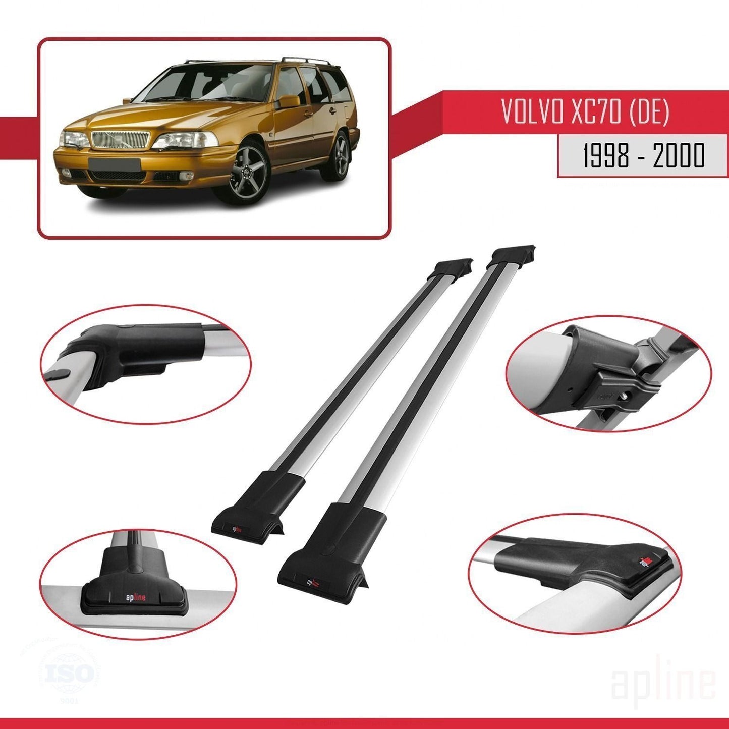 Compatible avec Volvo XC70 1998-2000 FLY Model Barres de Toit Railing Porte-Bagages de Voiture Gris Aluminium 2 Barres