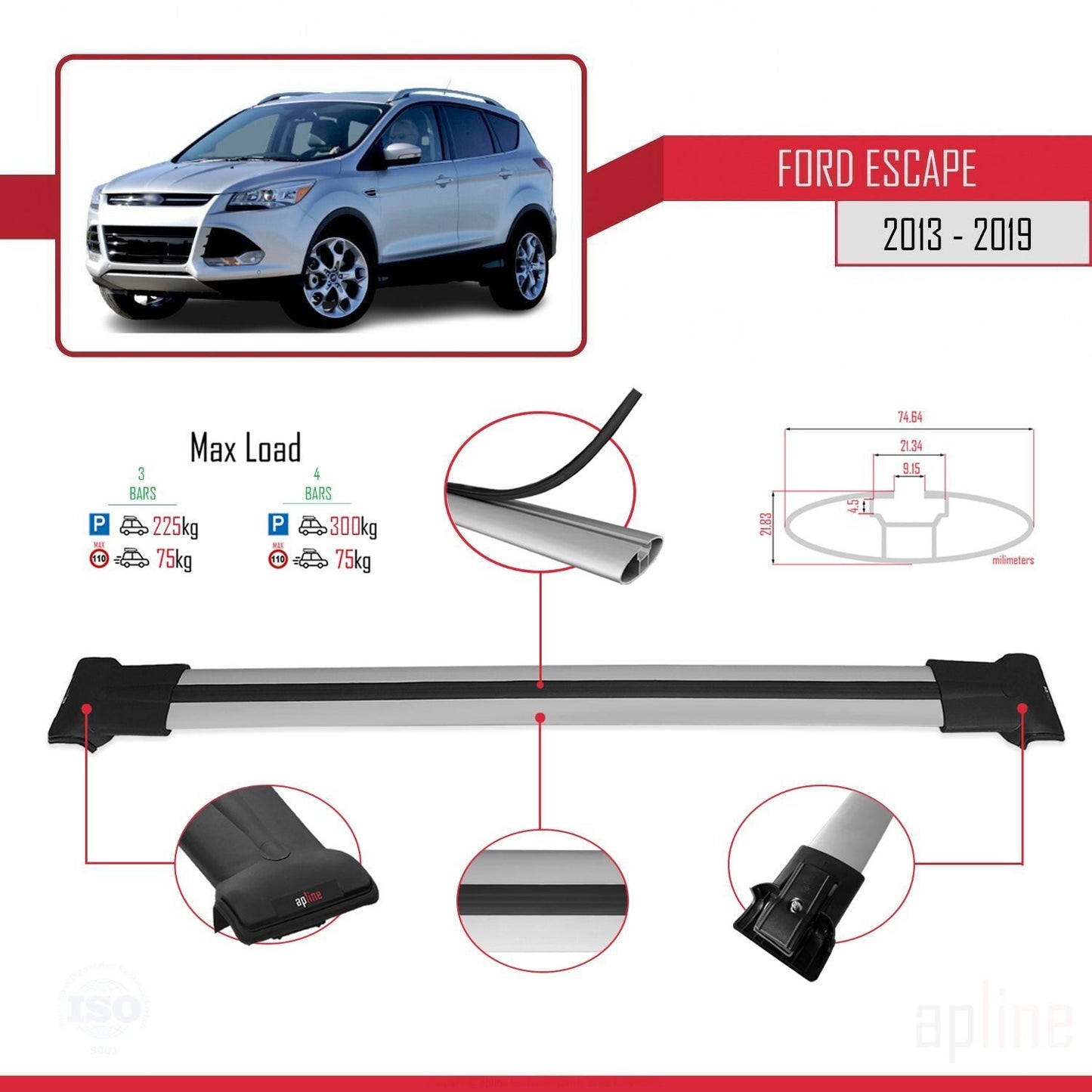 Compatible avec Ford Escape 3 2013-2019 FLY Model Barres de Toit Railing Porte-Bagages de Voiture Gris Aluminium 3 Barres