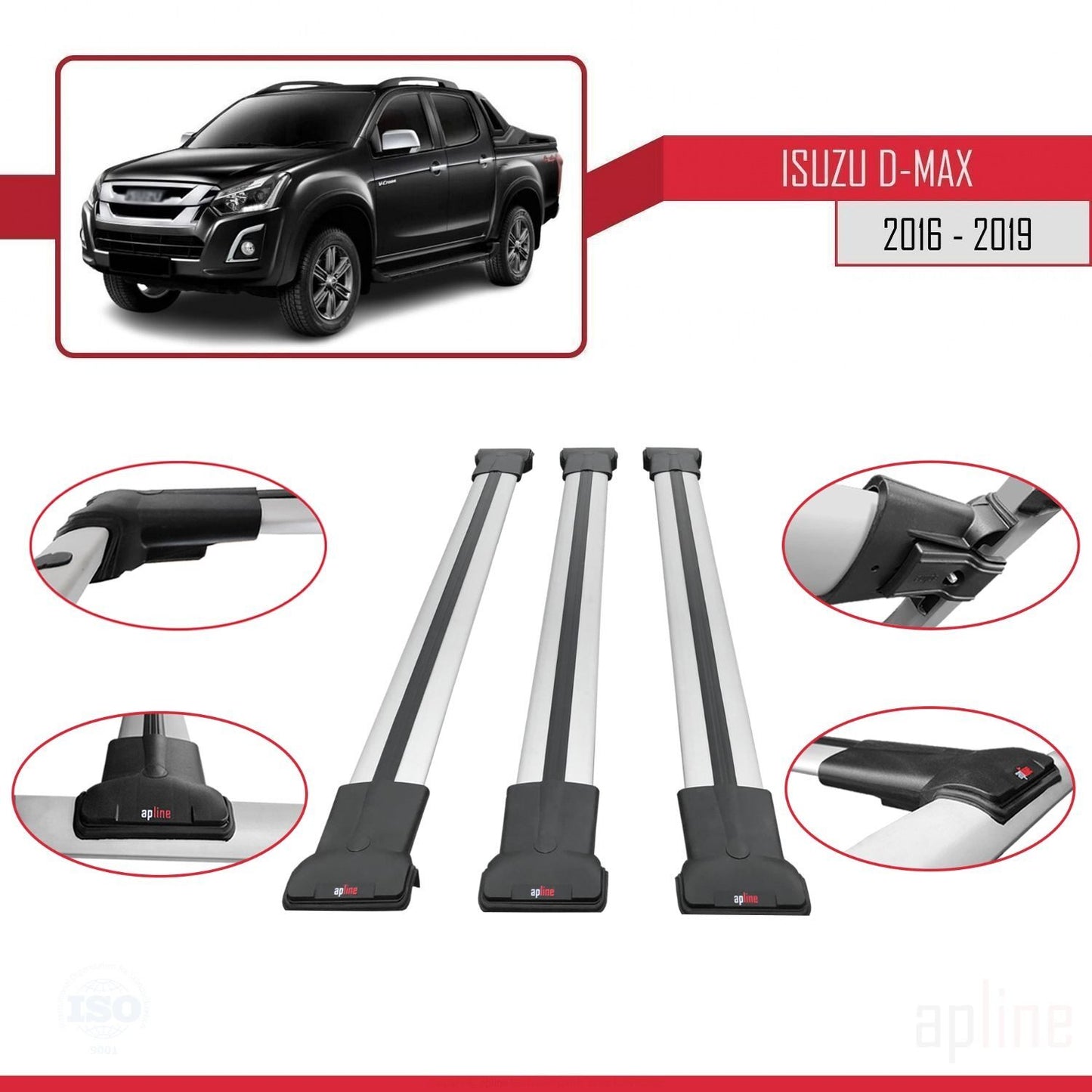 Compatible avec Isuzu D-Max 2 (RT85) Post-Facelift 2016-2019 FLY Model Barres de Toit Railing Porte-Bagages de Voiture Gris Aluminium 3 Barres