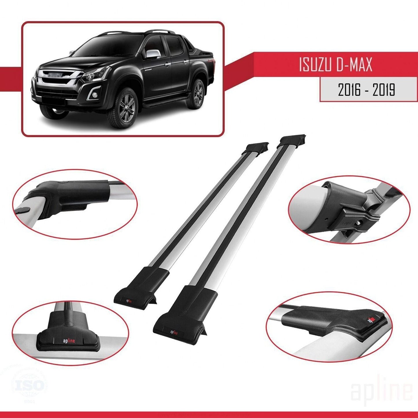 Compatible avec Isuzu D-Max 2 (RT85) Post-Facelift 2016-2019 FLY Model Barres de Toit Railing Porte-Bagages de Voiture Gris Aluminium 2 Barres