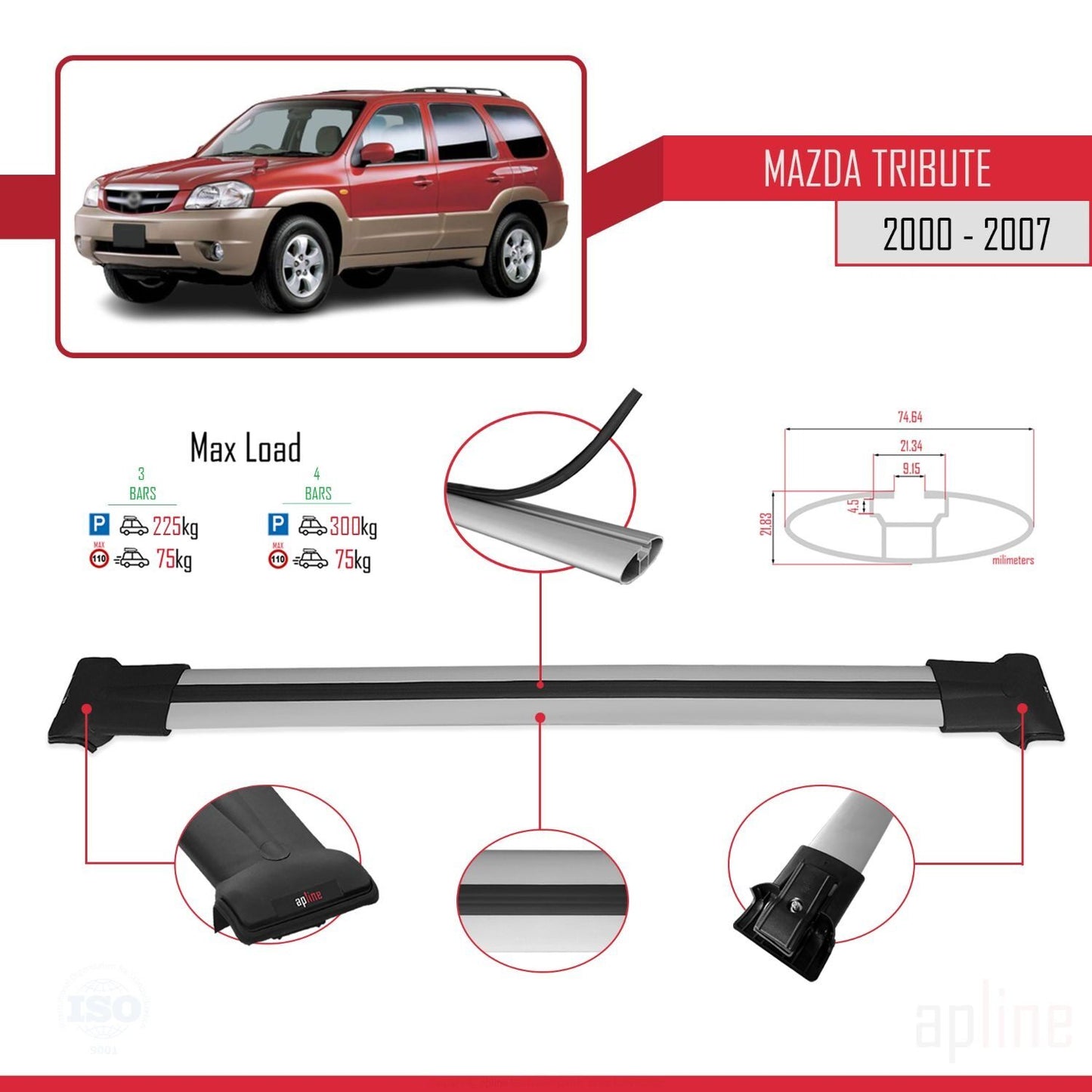 Compatible avec Mazda Tribute 2000-2007 FLY Model Barres de Toit Railing Porte-Bagages de Voiture Gris Aluminium 3 Barres