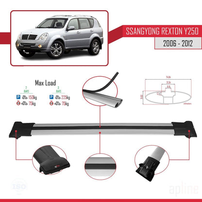Compatible avec Ssangyong Rexton (Y250) 2006-2012 FLY Model Barres de Toit Railing Porte-Bagages de Voiture Gris Aluminium 2 Barres