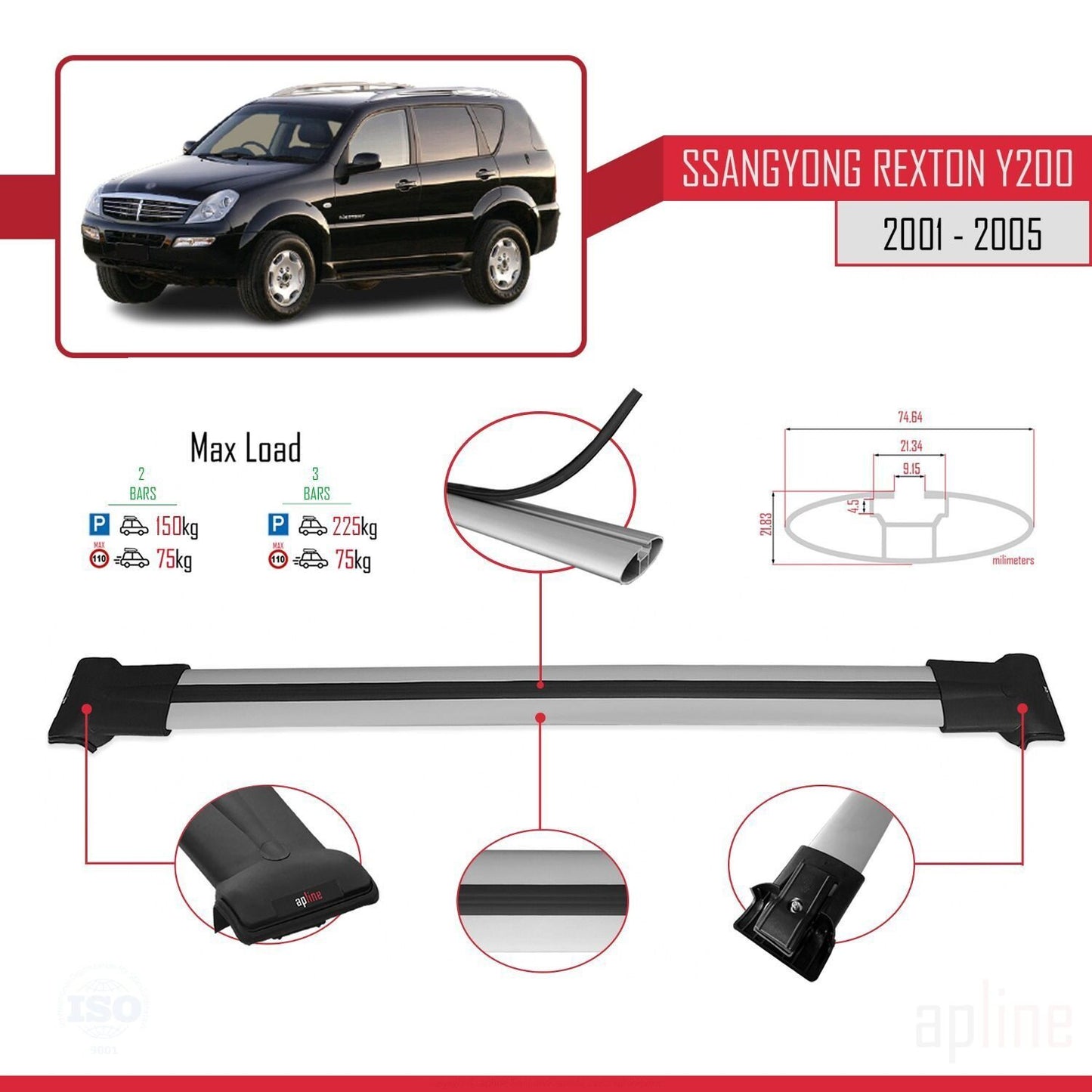 Compatible avec Ssangyong Rexton (Y200) 2001-2005 FLY Model Barres de Toit Railing Porte-Bagages de Voiture Gris Aluminium 2 Barres