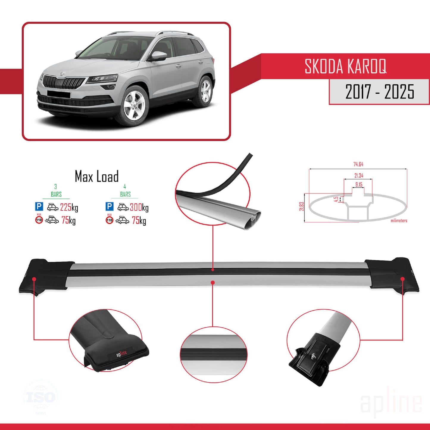 Compatible avec Skoda Karoq 2017-2025 FLY Model Barres de Toit Railing Porte-Bagages de Voiture Gris Aluminium 3 Barres