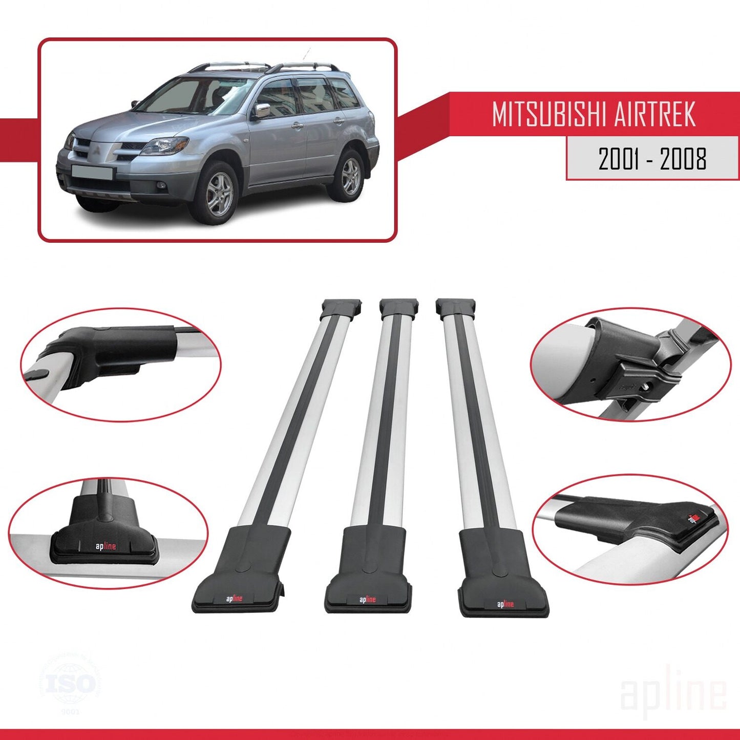 Compatible avec Mitsubishi Airtrek 2001-2008 FLY Model Barres de Toit Railing Porte-Bagages de Voiture Gris Aluminium 3 Barres