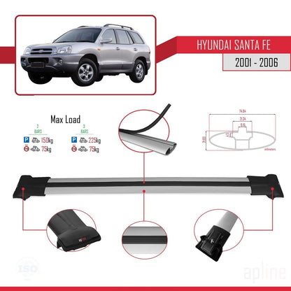 Compatible with Hyundai Santa Fe (SM) 2001-2006 FLY Model Car Roof Rack Cross Bar Grey Aluminium 2 Bars