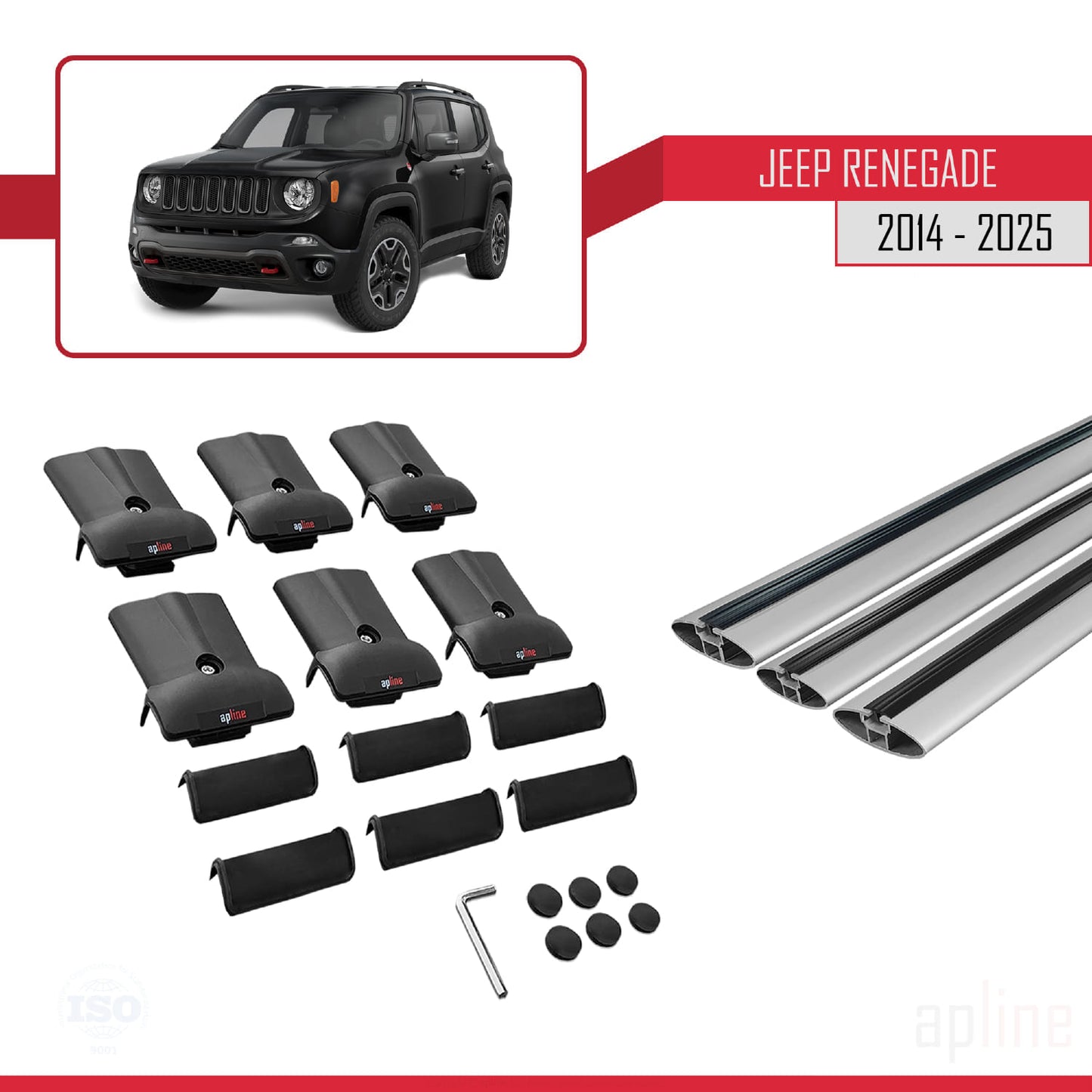 Compatible avec Jeep Renegade (BU) 2014-2025 FLY Model Barres de Toit Railing Porte-Bagages de Voiture Gris Aluminium 3 Barres