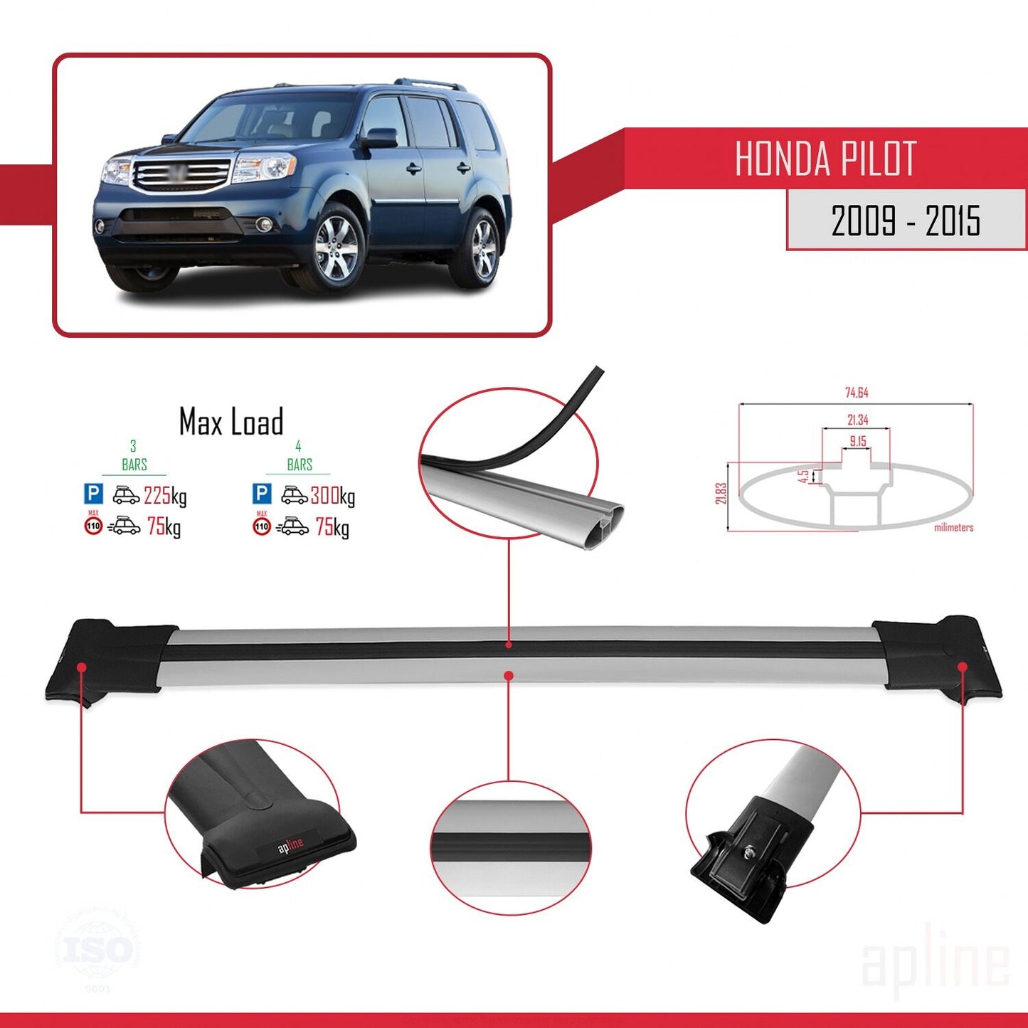 Compatible with Honda Pilot 2 2009-2015 FLY Model Car Roof Rack Cross Bar Grey Aluminium 3 Bars