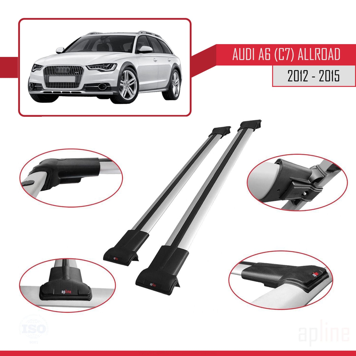 Compatible avec A6 (C7) Allroad 2012-2015 FLY Model Barres de Toit Railing Porte-Bagages de Voiture Gris Aluminium 2 Barres
