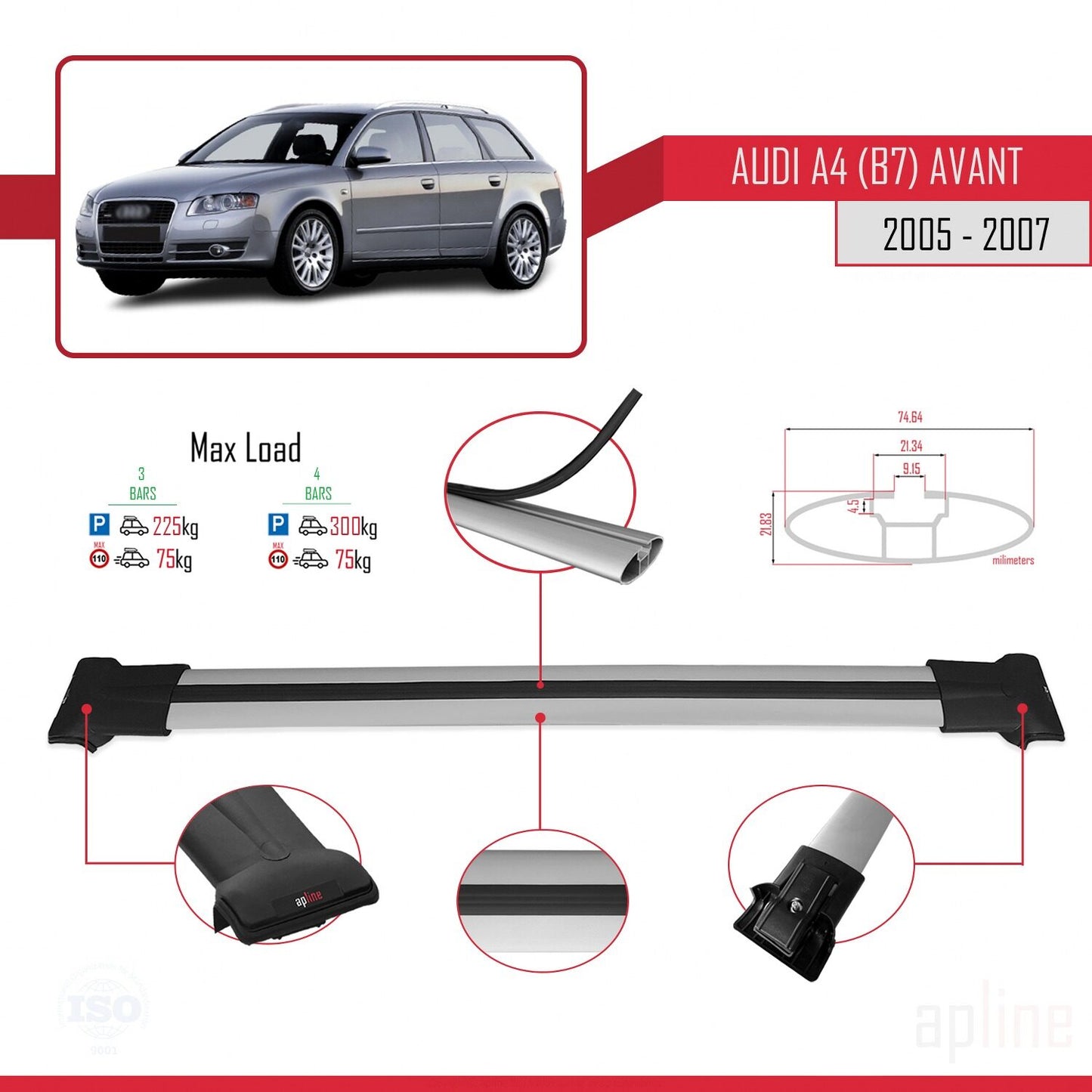 Compatible avec A4 (B7) Avant 2005-2007 FLY Model Barres de Toit Railing Porte-Bagages de Voiture Gris Aluminium 3 Barres