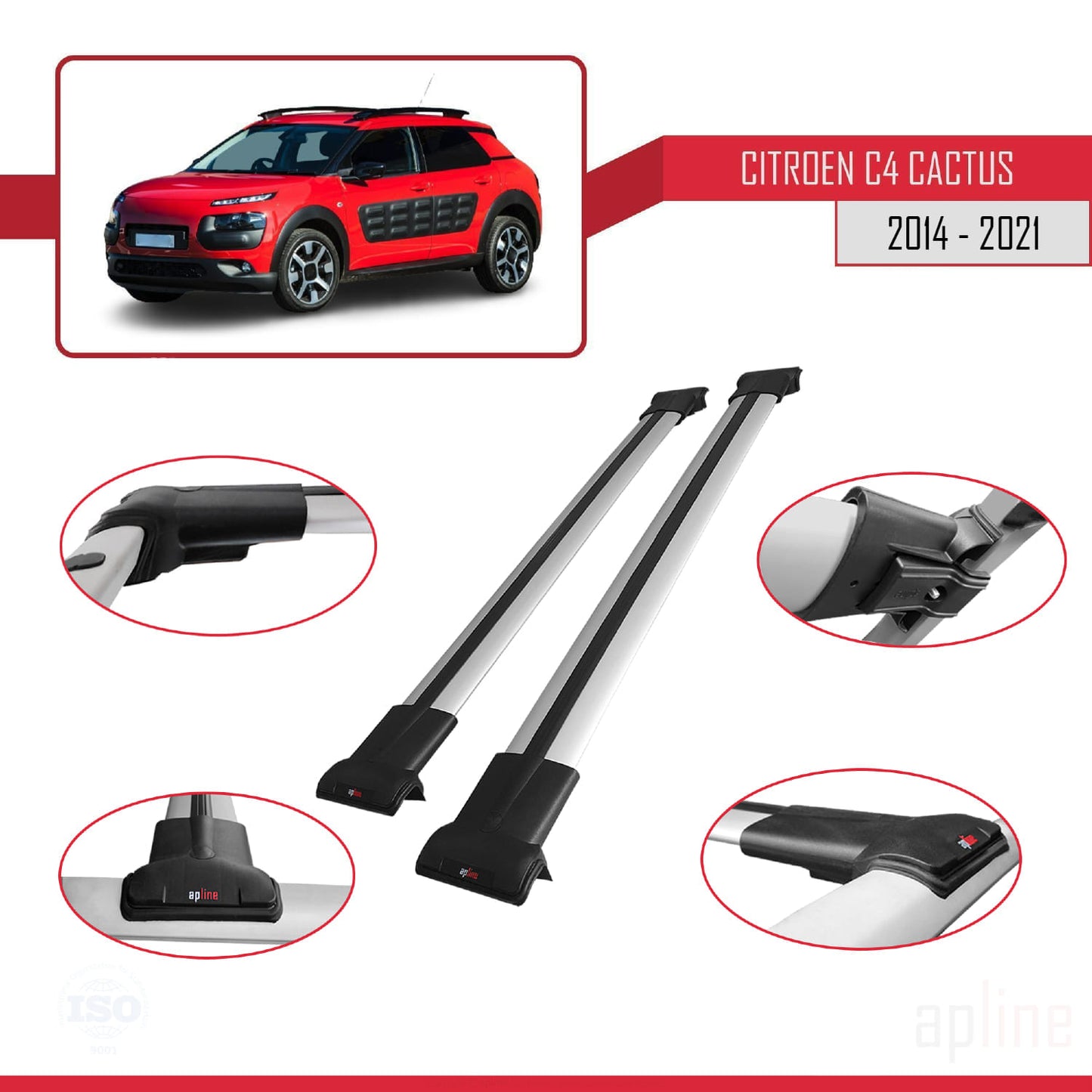 Compatible avec Citroen C4 Cactus 2014-2021 FLY Model Barres de Toit Railing Porte-Bagages de Voiture Gris Aluminium 2 Barres
