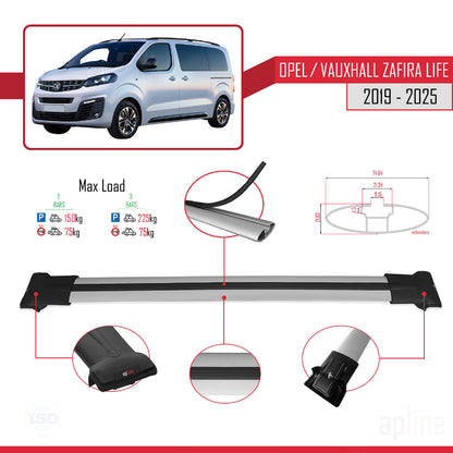 Compatible avec Opel Zafira Life 2019-2025 FLY Model Barres de Toit Railing Porte-Bagages de Voiture Gris Aluminium 2 Barres
