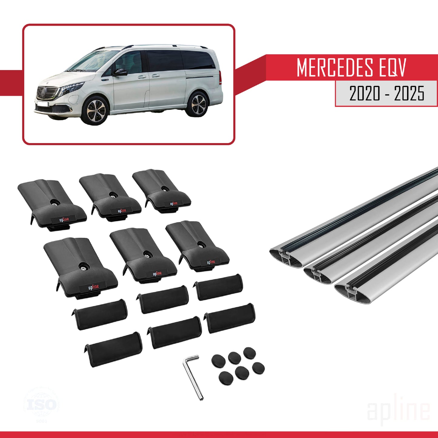Compatible with Mercedes EQV (W447) 2020-2025 FLY Model Car Roof Rack Cross Bar Grey Aluminium 3 Bars