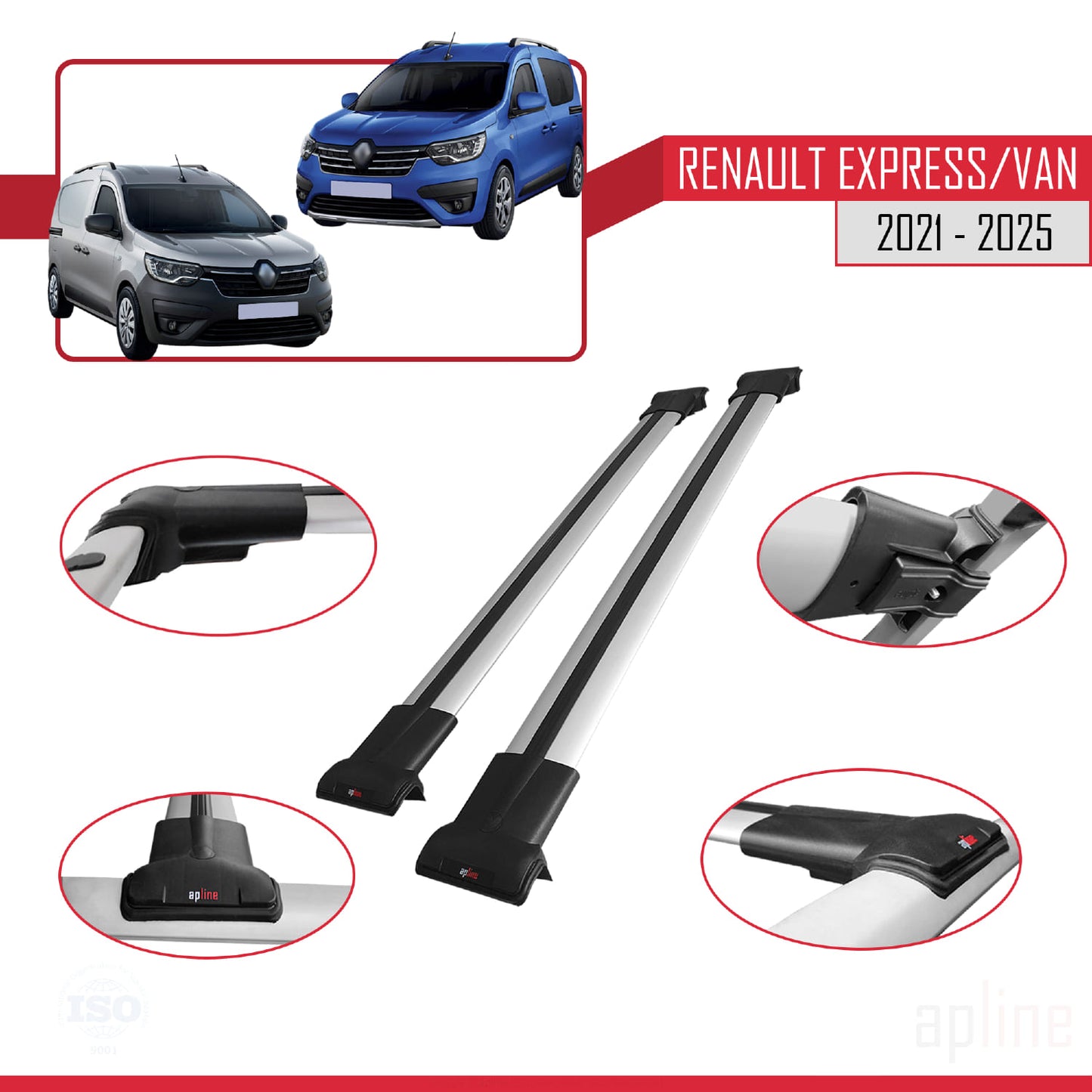 Compatible avec Renault Express 2021-2025 FLY Model Barres de Toit Railing Porte-Bagages de Voiture Gris Aluminium 2 Barres