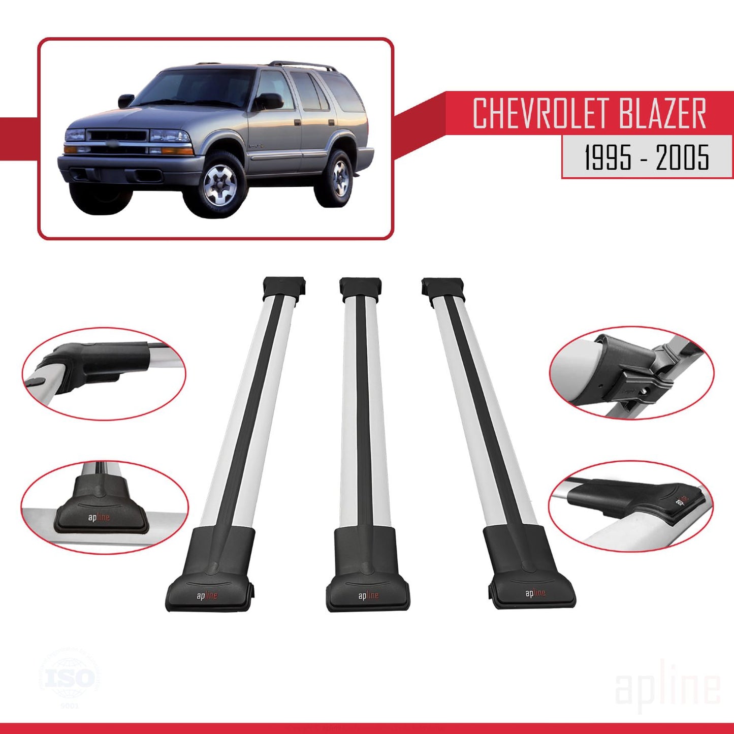 Compatible avec Chevrolet Blazer 1995-2005 FLY Model Barres de Toit Railing Porte-Bagages de Voiture Gris Aluminium 3 Barres