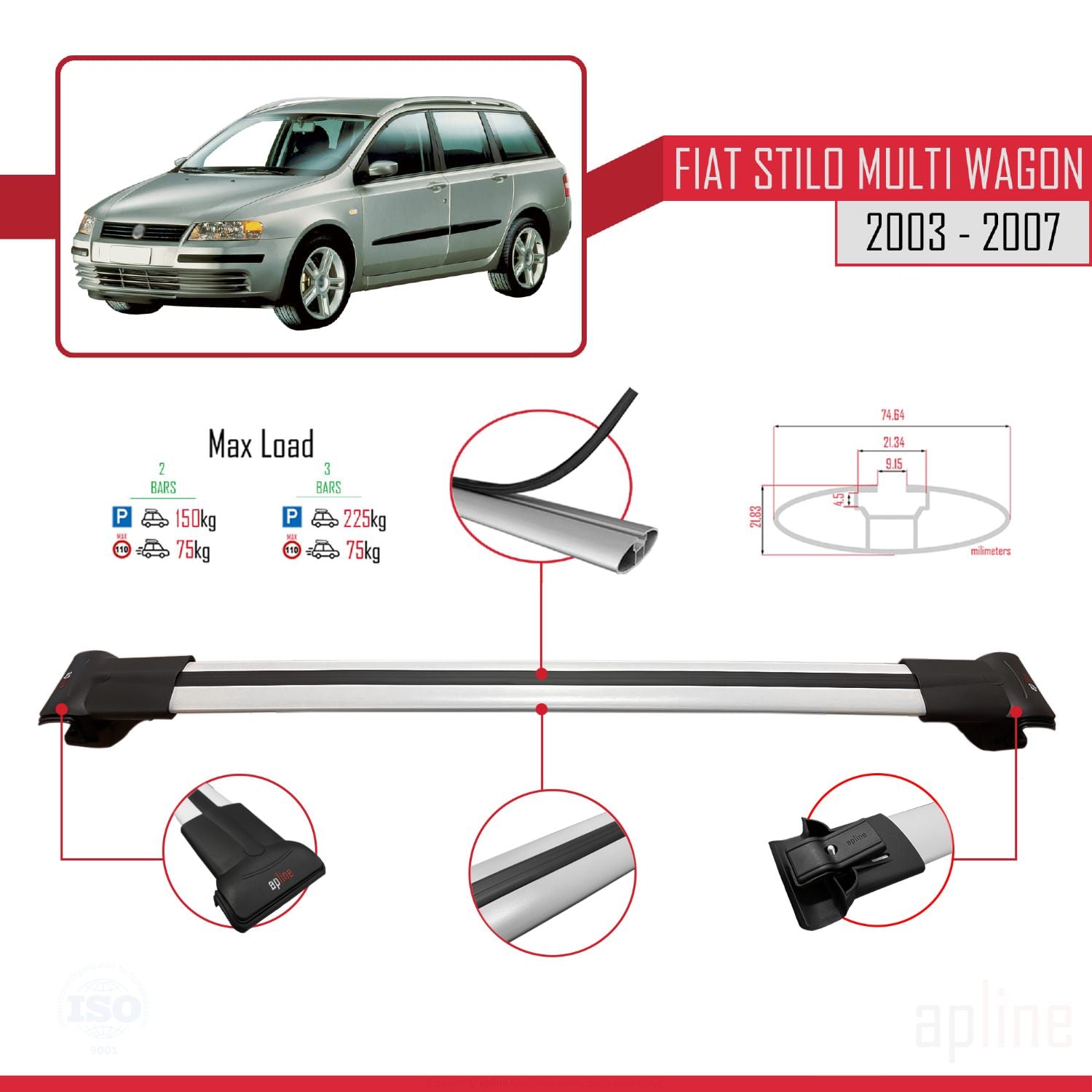 Compatible avec Fiat Stilo Multi Wagon 2003-2007 FLY Model Barres de Toit Railing Porte-Bagages de Voiture Gris Aluminium 3 Barres